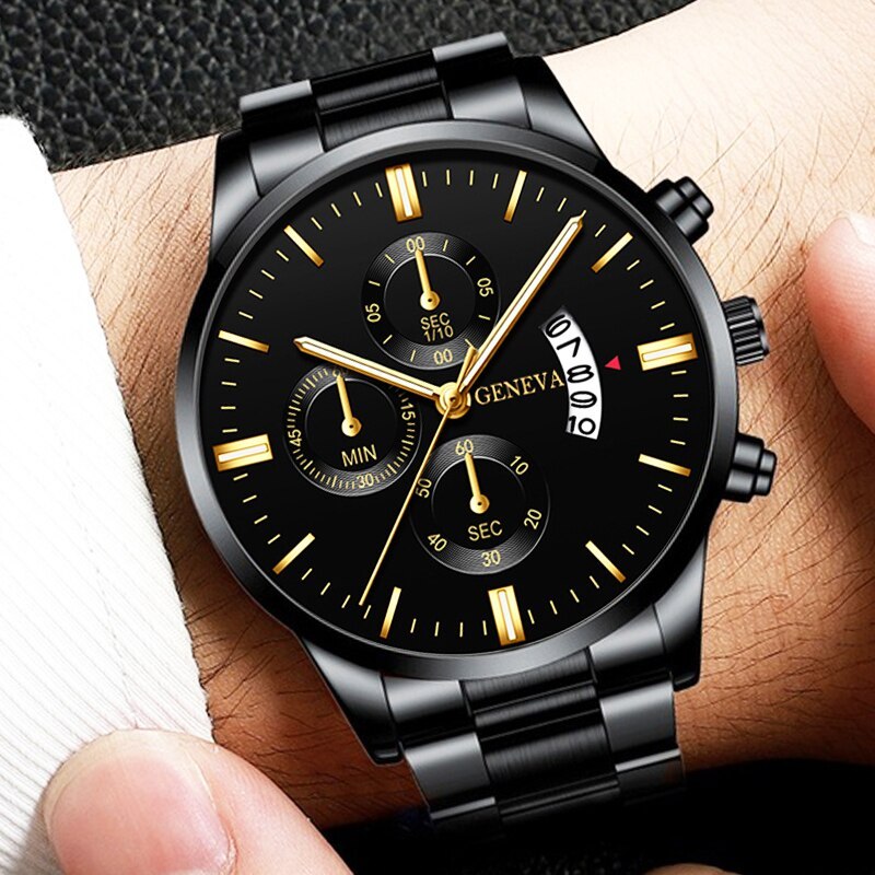 Men'S Luxury Black Stainless Steel Quartz Watch with a Date Feature, Ideal for Business Occasions.