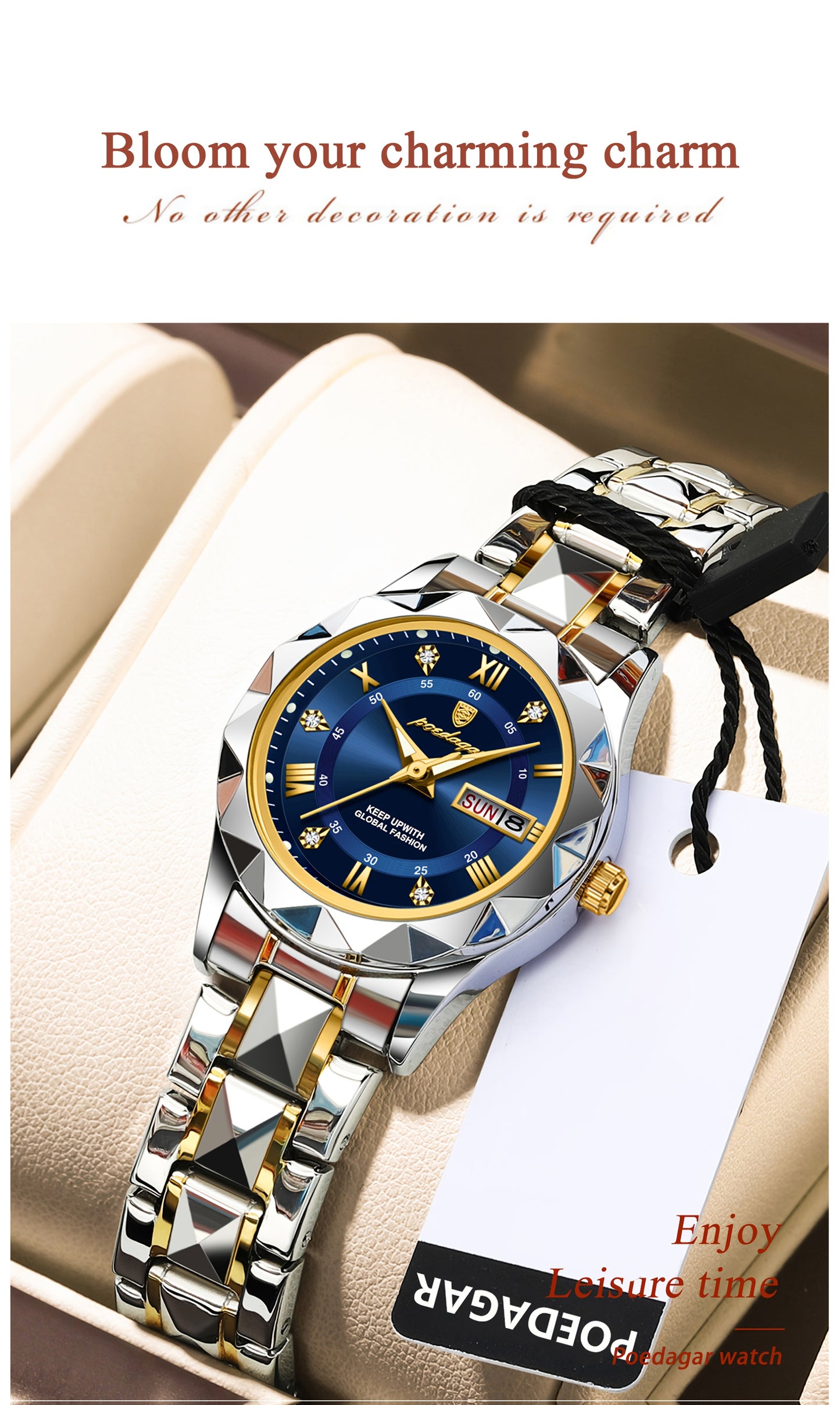 POEDAGAR Women's Elegant Stainless Steel Quartz Watch with Luminous Blue Dial, Roman Numerals, Date Calendar, IPX7 High Quality & -Accented Band for Casual & Formal Wear