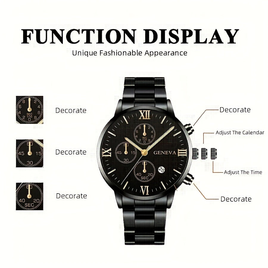 1pc Men's Stylish Black Quartz Watch with Stainless Steel Band - Elegant Roman Numerals, Date Display, and Golden Accents - Perfect Gift for Christmas, Thanksgiving, Valentine's Day - Ideal for Him or Family, Date Feature Wat