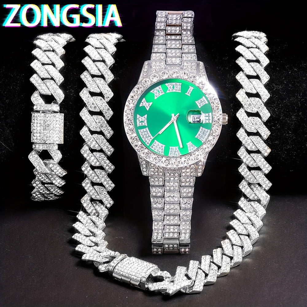 ZONGSIA Hip Hop Watch & Jewelry Set - Luxury Rhinestone-Encrusted Quartz Watch with Matching Bracelet and Necklace, Classic Male Fashion, PC Case, Alloy Strap, Electronic Drive, Non-rechargeable Button Battery, ZONGSI