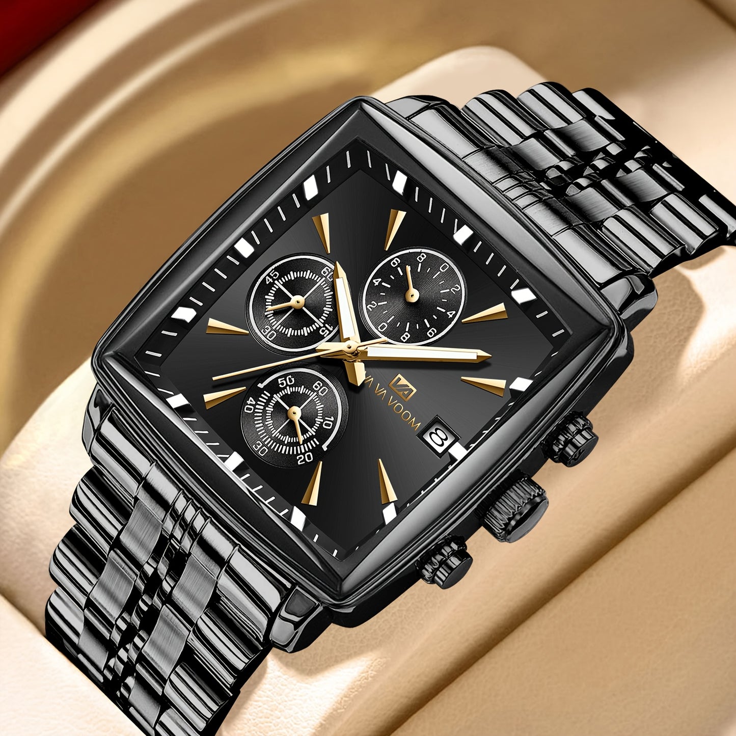 VA VA VOOM Brand New Arrival 1pc Fashionable Golden & Blue & Silveryy & Black Stainless Steel Strap, Oversized Square Dial, Multifunctional Six Needle Three Eyes, with Calendar Window, Luminous Function, High-Quality Fashiona