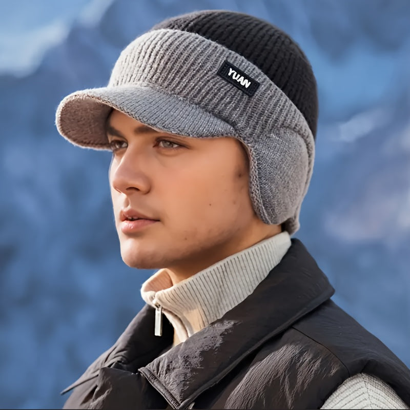 Men'S Winter Ear-Protecting Knitted Cap with Fleece, Warm Duckbill Hat for Outdoor Youth Cycling in a Color-Block Design.