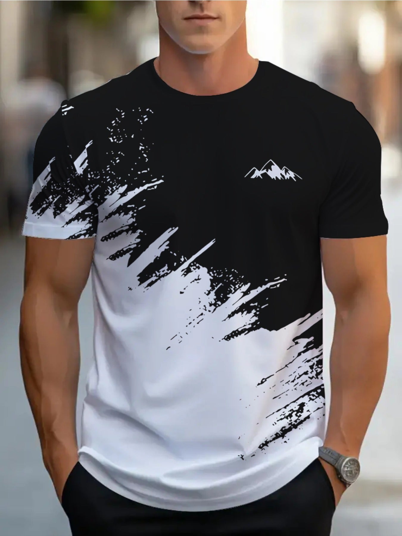 Men's Short-Sleeve T-Shirt with Bold Black & White Mountain Graphic Print - Breathable Summer Casual Tee, Regular Fit Round Neck, Hand Wash Only, Leisure Clothing, Modern Tee, Nontransparent Fabric, Daily Outfit, Creative Pat