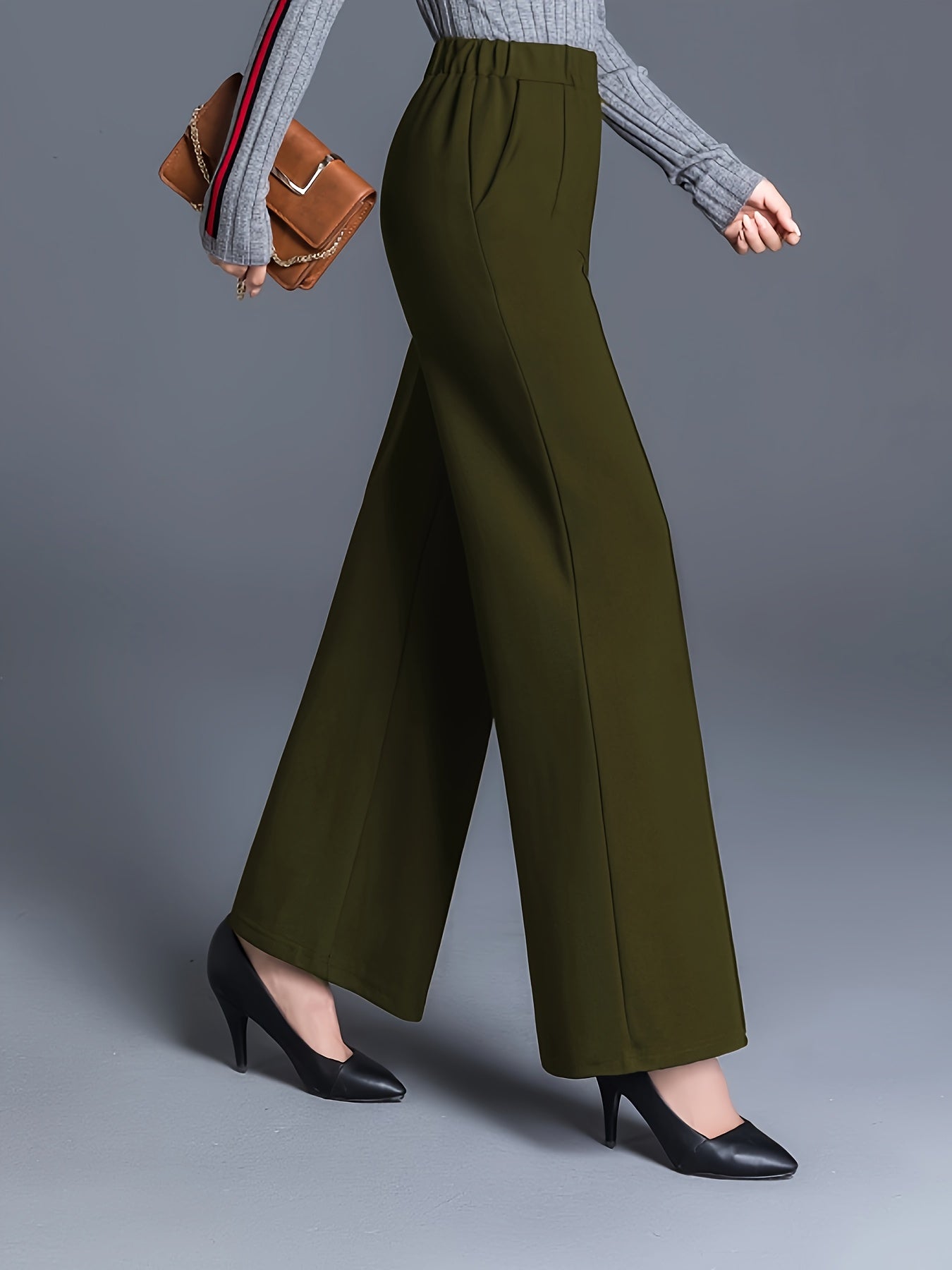 Women'S Olive Green Straight Leg Pants - Stretchy High-Waist, Casual & Comfortable, Ideal for Daily Commute & Casual Attire, Casual Wear|Straight Leg Pants|Stretchy Fabric