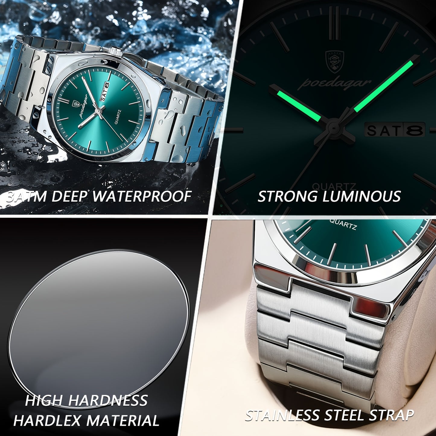 POEDAGAR best-selling waterproof luminous calendar stainless steel quartz wristwatch high-end business fashion trend young Men's watches.