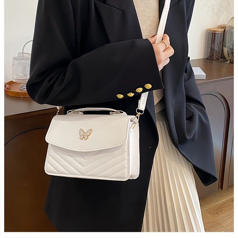 Elegant Women's Crossbody Bag with Butterfly Embellishment - Quilted Black Synthetic Leather Handbag, Magnetic Closure & Adjustable Strap, Compact Everyday Shoulder Bag for Women, Crossbody Purse, Sophisticated Accessory