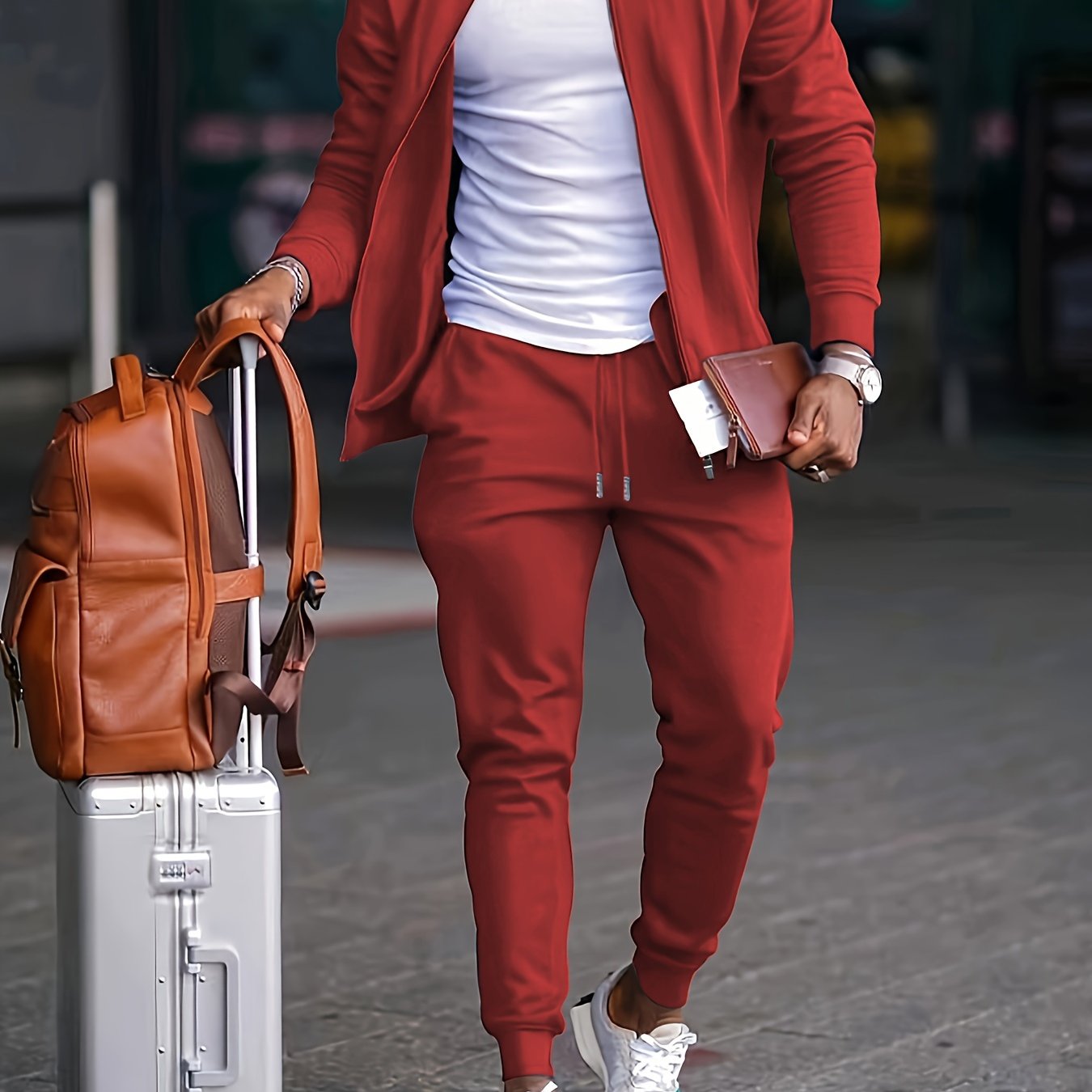 Men's Casual Fashion Suit Set - Polyester, Stand Collar Zip-Up Jacket & Drawstring Pants for Spring/Fall