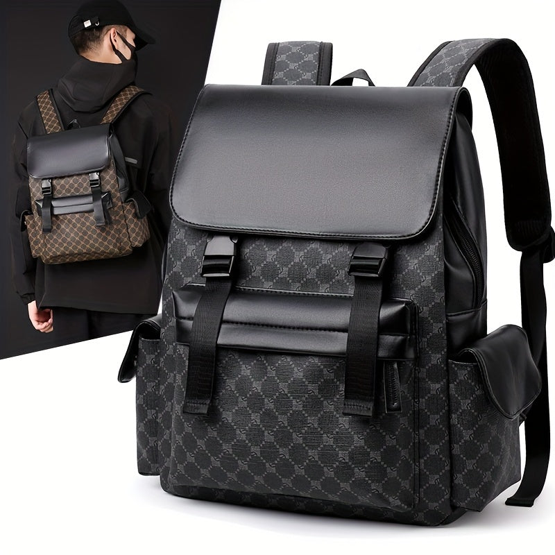 Men'S Stylish Black & Brown Gingham Print Backpack - Versatile Commuter Bag with Multiple Pockets, Adjustable Straps, and Golden-Tone Hardware for Work, Travel, and Study, Travel Backpack | Gingham Pattern | Synthetic Backpac