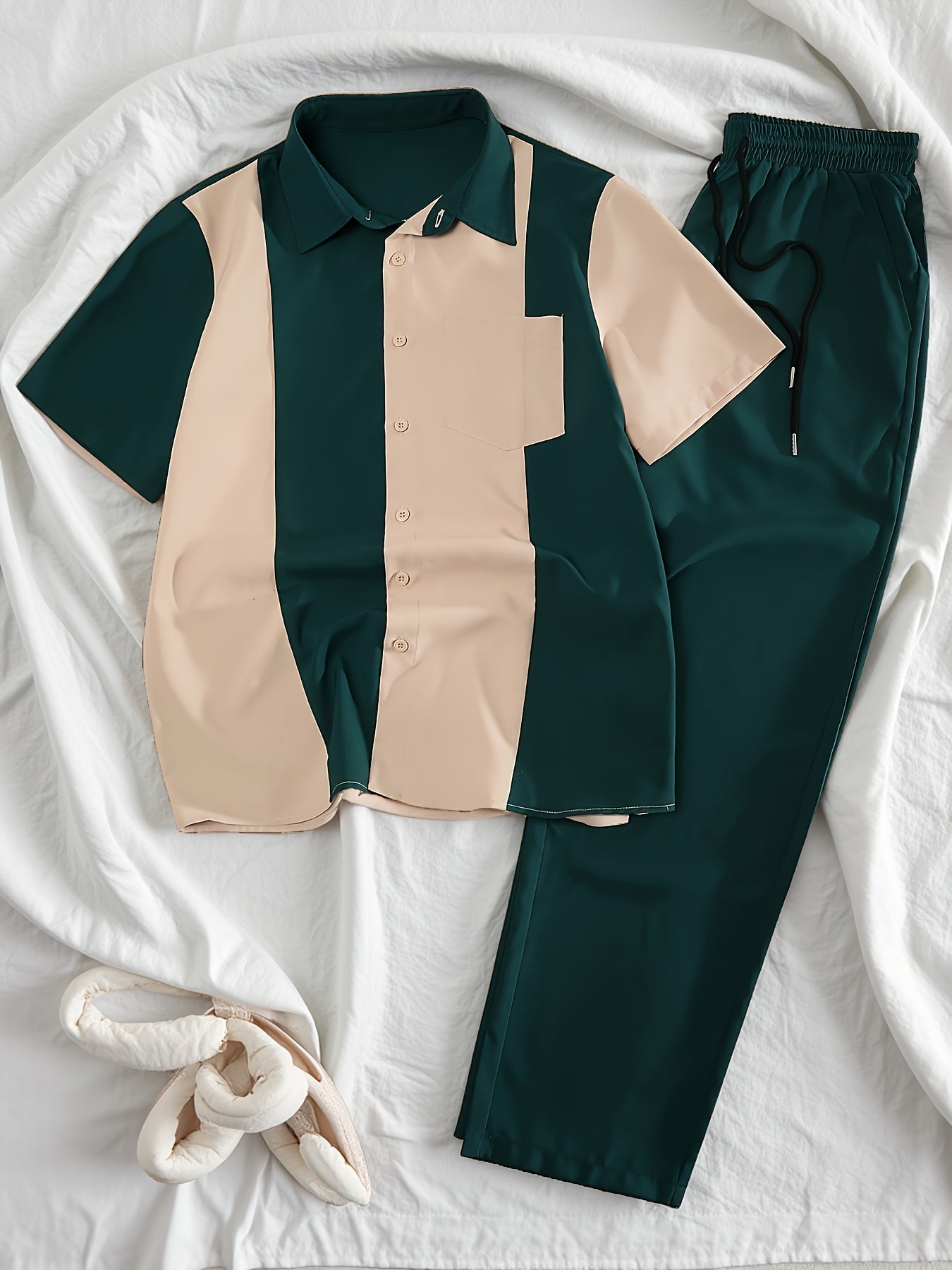 Men'S Casual Two-Piece Spring/Summer Color Block Short Sleeve Shirt and Pants Set - Polyester, Regular Fit, Button-Up with Pocket, No Belt, All-Season Wear, Casual Attire|Casual Style|Polyester Fabric