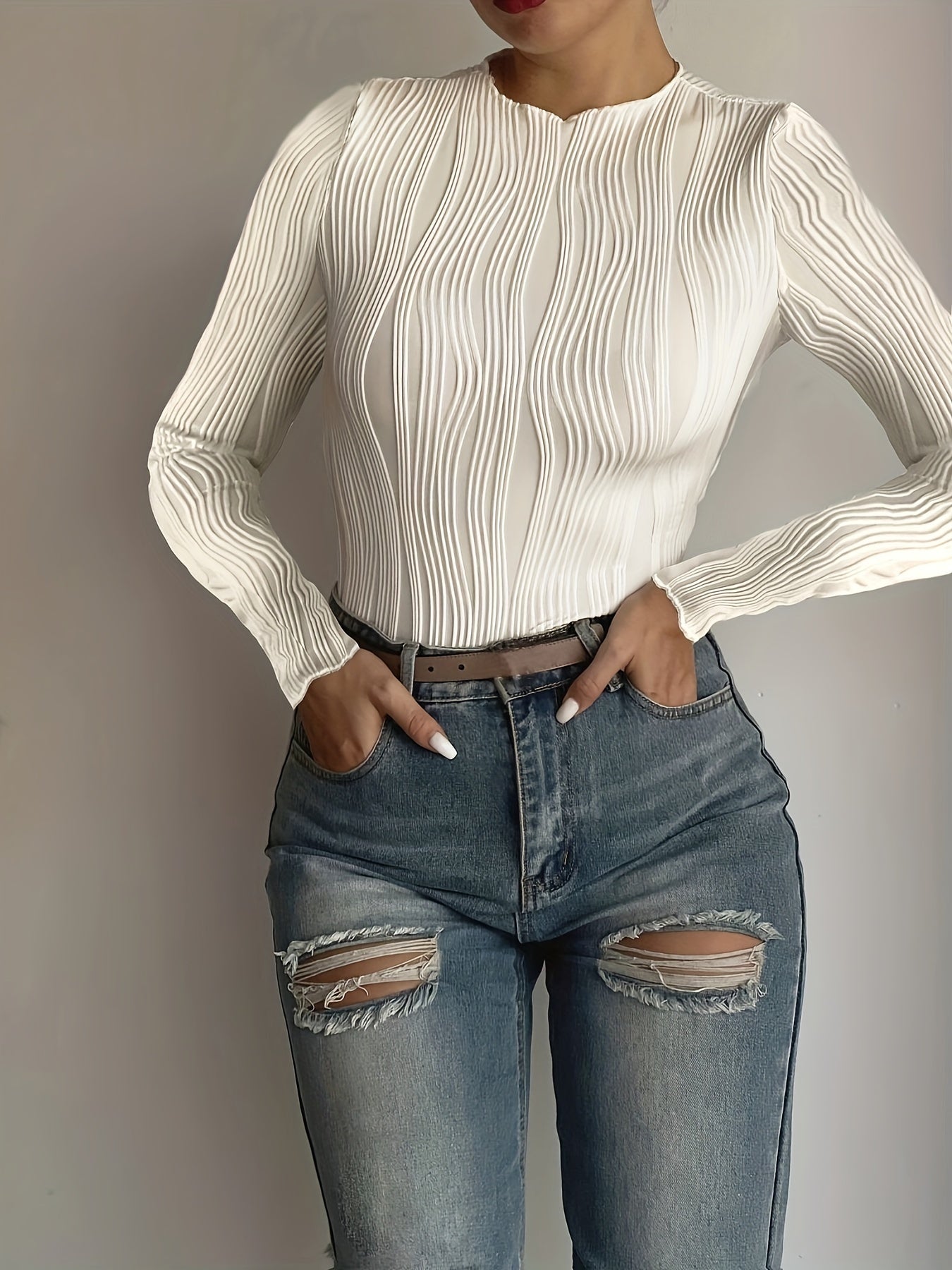Slim Textured Frill Neck T-Shirt, Elegant Long Sleeve T-Shirt For Spring & Fall, Women's Clothing