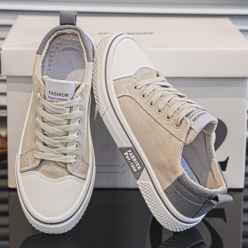 Men's Breathable Canvas Sneakers - Low-Top Lace-Up Skate Shoes, Fashionable Casual & Sporty Design with Green & Beige Color Block, Non-Slip PVC Sole for Casual Attire, Outdoor Sneakers | Laceup Closure | Stylish Lowtops