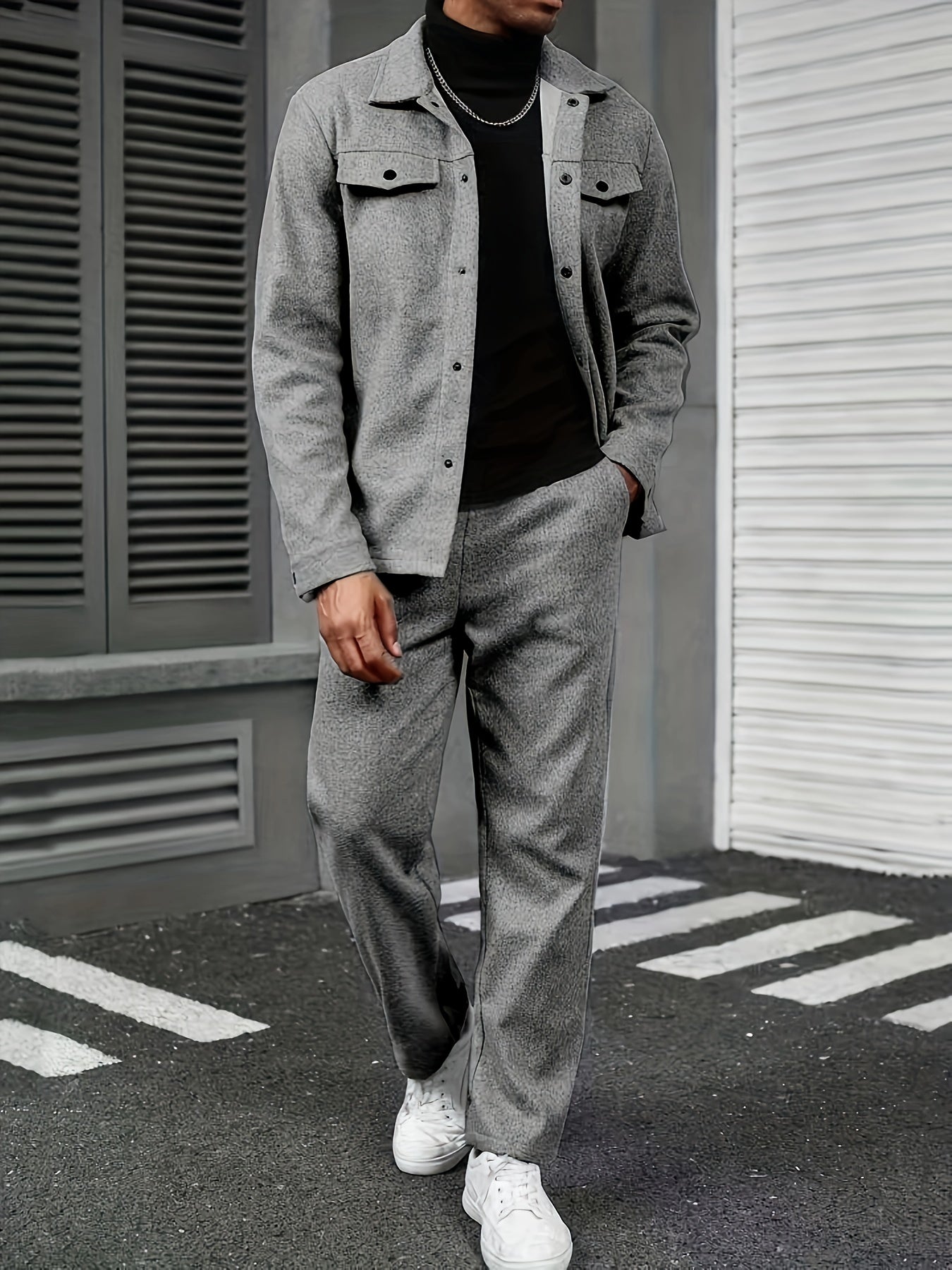 Men'S Two-Piece Casual Outfit - Black Button-Up Shirt & Pants, Long Sleeve, Loose Fit, Non-Stretch Fabric, Perfect for Spring/Fall, Casual Attire|Relaxed Fit|Buttonup Shirt