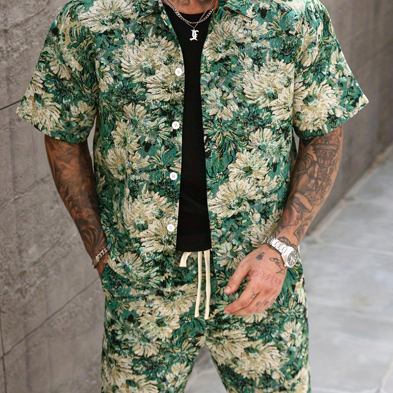 Men'S Summer Casual Short Sleeve Shirt & Shorts Set - Tropical Print, Loose Fit, Button-Up with Collar, Lightweight Polyester Fabric for Outdoor & Leisure Activities, Summer Casual Wear | Tropical Print Shirt | Lightweight Fa