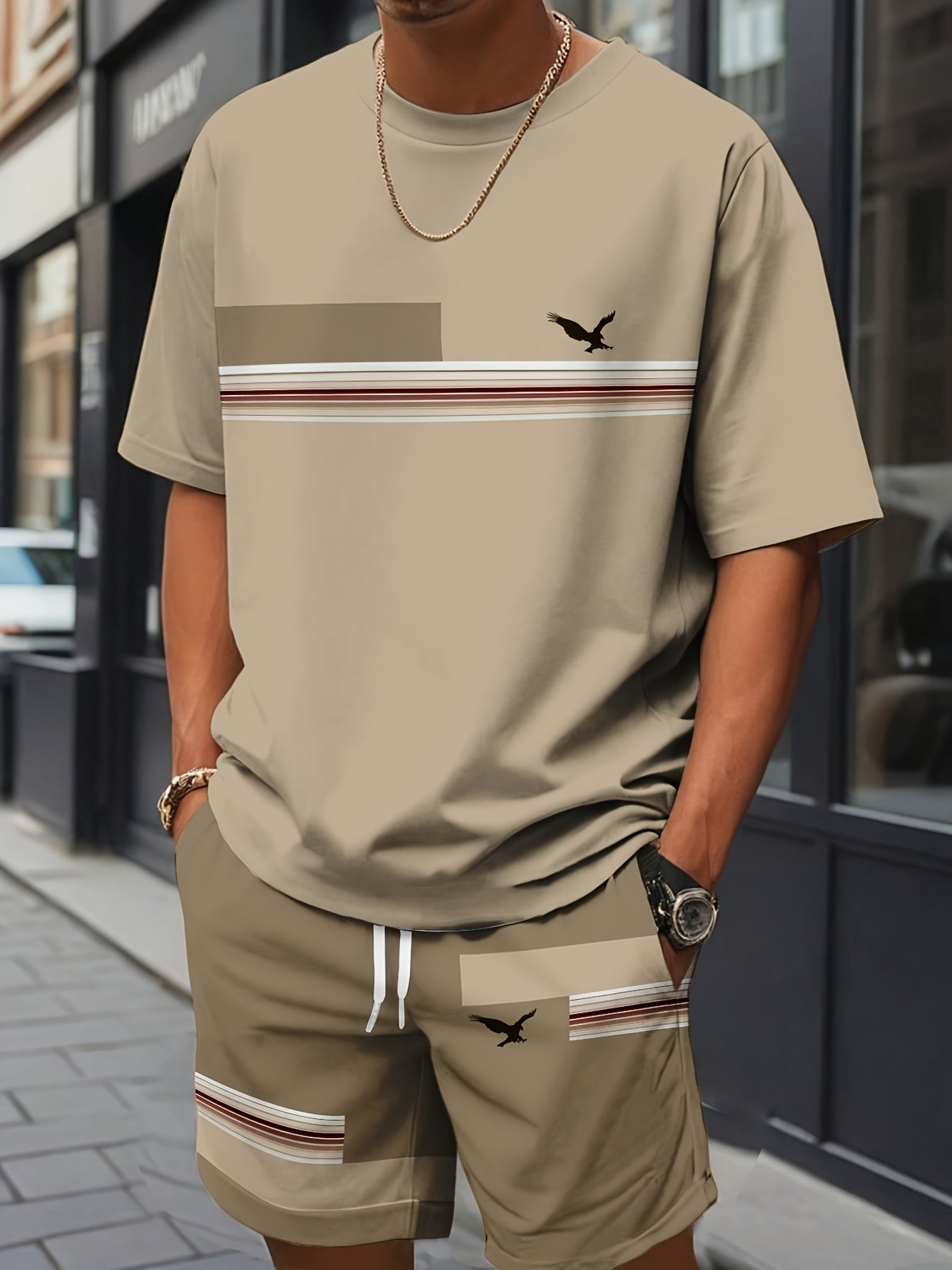 Men'S Casual Summer Two-Piece Athletic Wear Set - Light Blue T-Shirt with Green & White Stripes, Matching Shorts, Perfect for Daily Leisure, Vacation, and Sports, Casual Sportswear | Relaxed Fit Shorts | Stretchable Fabric