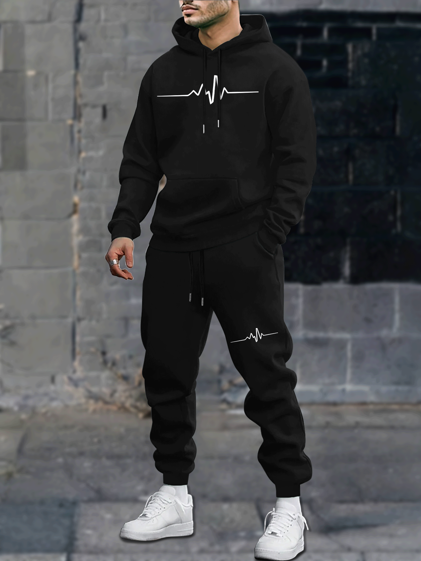 1set Men'S Casual Geometric Heartbeat Pattern Hoodie and Sweatpants Set, Polyester and Spandex Blend, Loose Fit, Hooded Pullover for Autumn/Winter