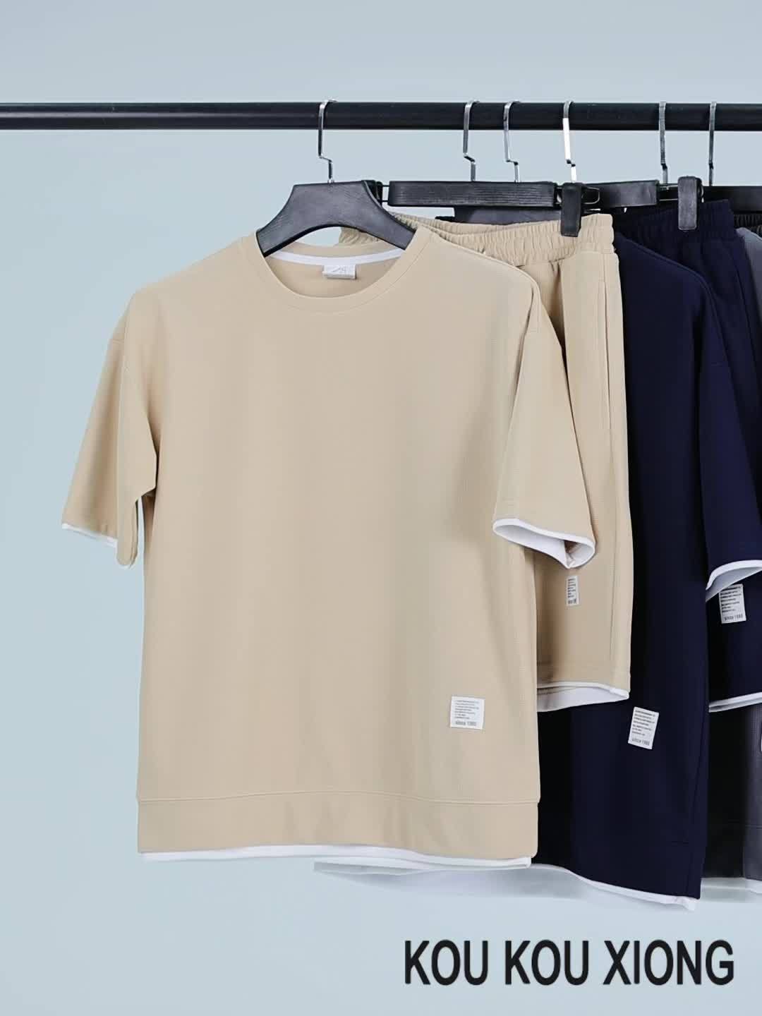 Waffle Grid Men's Trendy Round Neck T-shirt Breathable Casual Sports Suit Loose Two-Piece Set