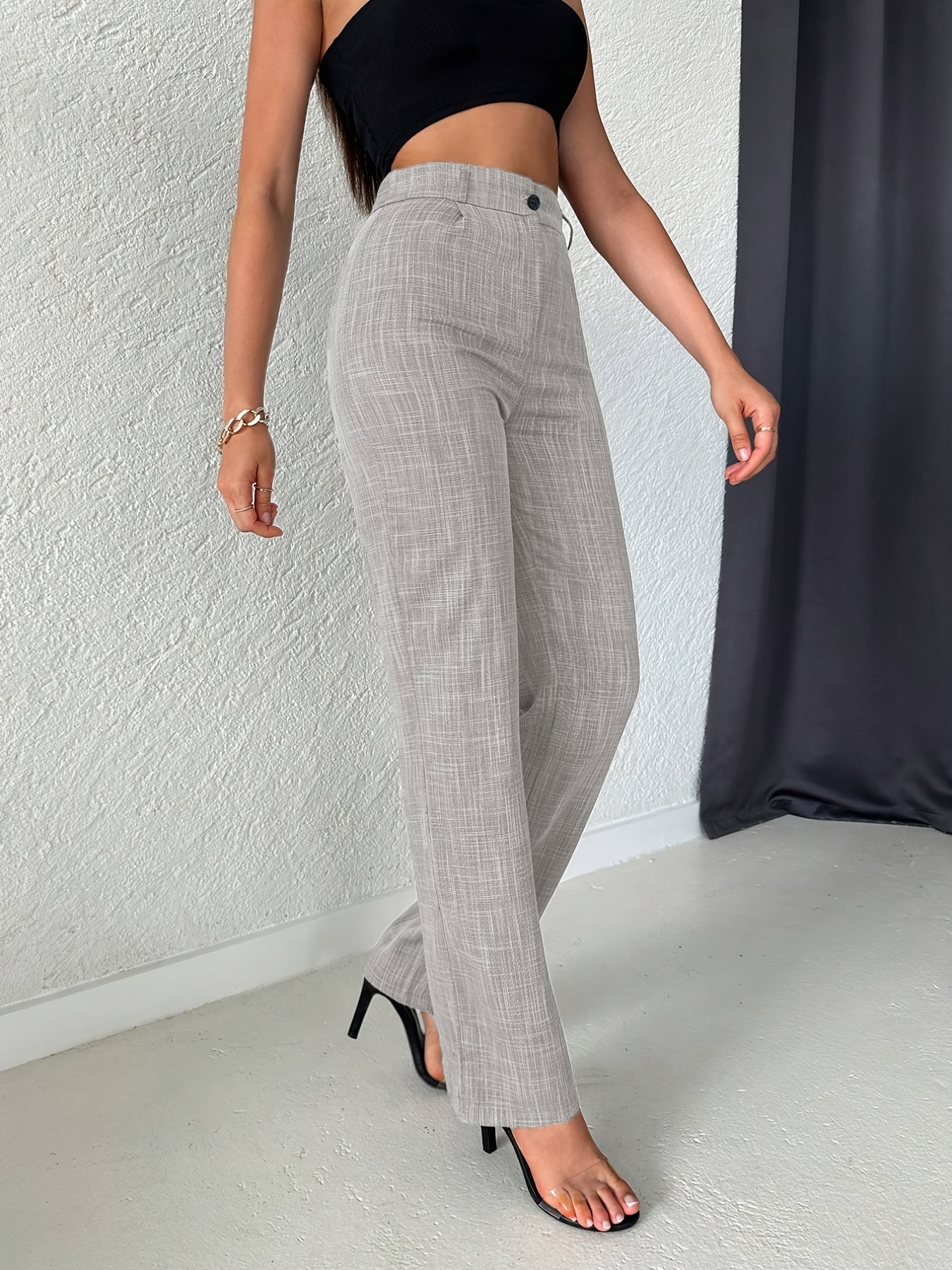 Women's Elegant High-Waist Straight Leg Pants - Solid Color, Ribbed Texture, Slant Pockets, Comfortable Commuter Wear, Machine Washable