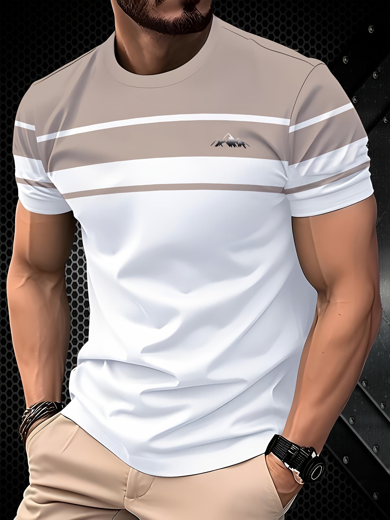 Men's Minimalist Modern T-Shirt - Lightweight Breathable Fabric Crew Neck Tee in White & Beige - Everyday Casual & Formal Summer Shirt - Machine Washable Everyday Essential, Horizontal Stripe Design, Smooth Texture Fabric