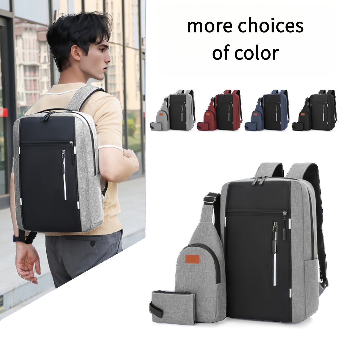 Three-Piece Set: Laptop Bag, Chest Bag, Wallet - Multi-Layer Oxford Fabric Adjustable Shoulder Backpack with Reflective Strip Design, Breathable Wide Strap Large Capacity Casual Storage Bag for Men, Suitable for Daily Commute