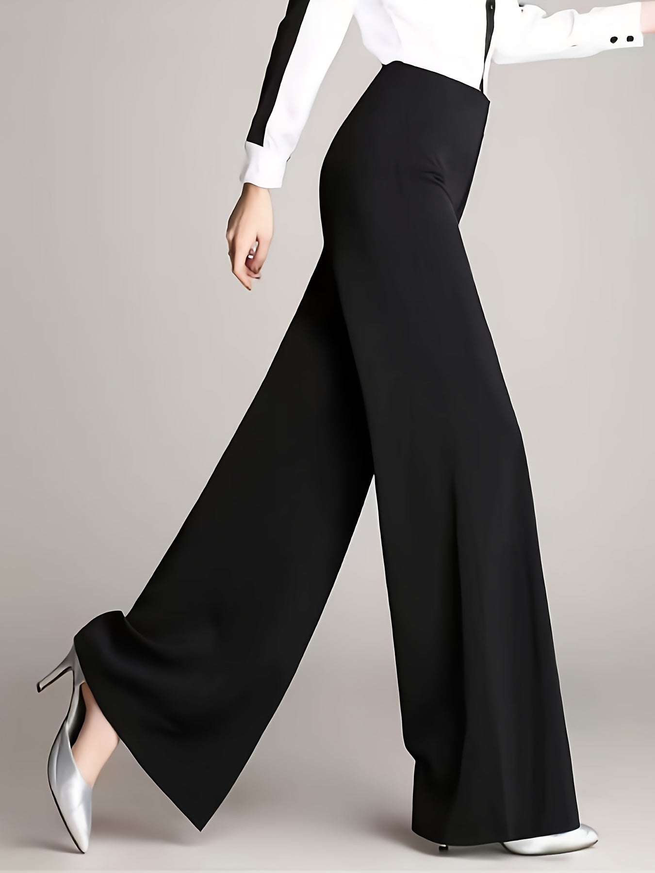 Women'S High-Waist Wide Leg Pants, Casual Solid Color Polyester Blend (94% Polyester, 6% Elastane), All-Season Straight Leg Trousers with Double Button Detail, Zipper Fly Closure, 200g/m² Woven Fabric, Perfect for Going Out