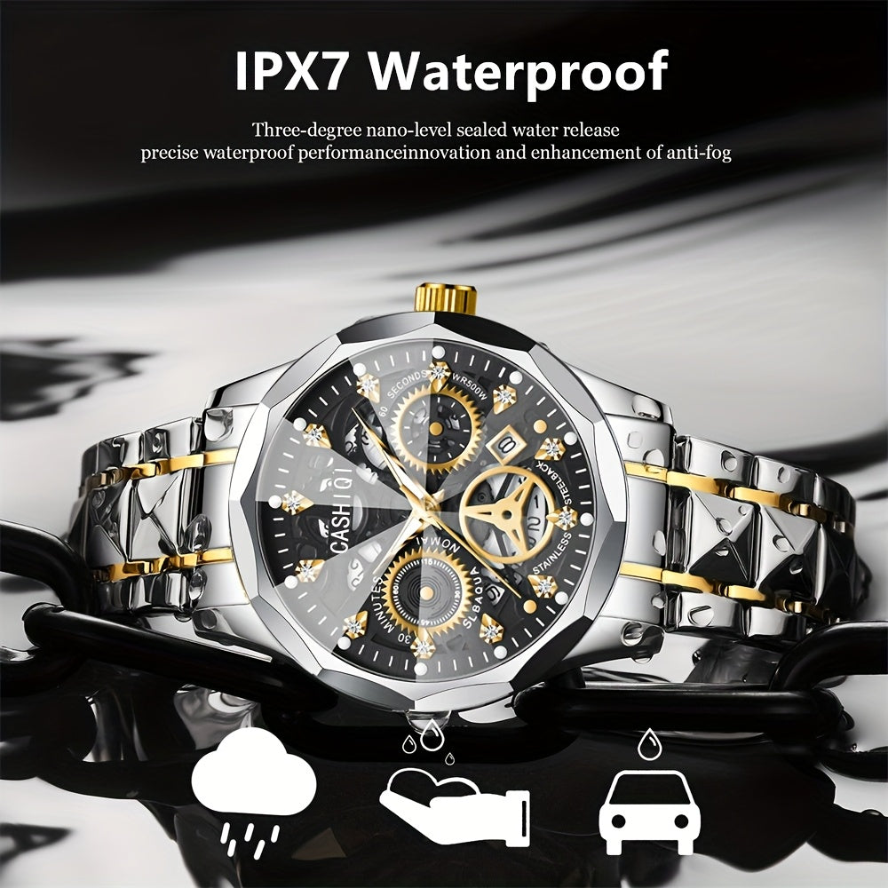 CASHIQI Brand Men'S Steel Strap Quartz Watch with Rhombus Dial, Sparkling Decoration, Calendar, And Luminous Display, IPX7 Waterproof Hollow Quartz Watch for Business, Travel, And Casual Wear - A Perfect Gift Choice.