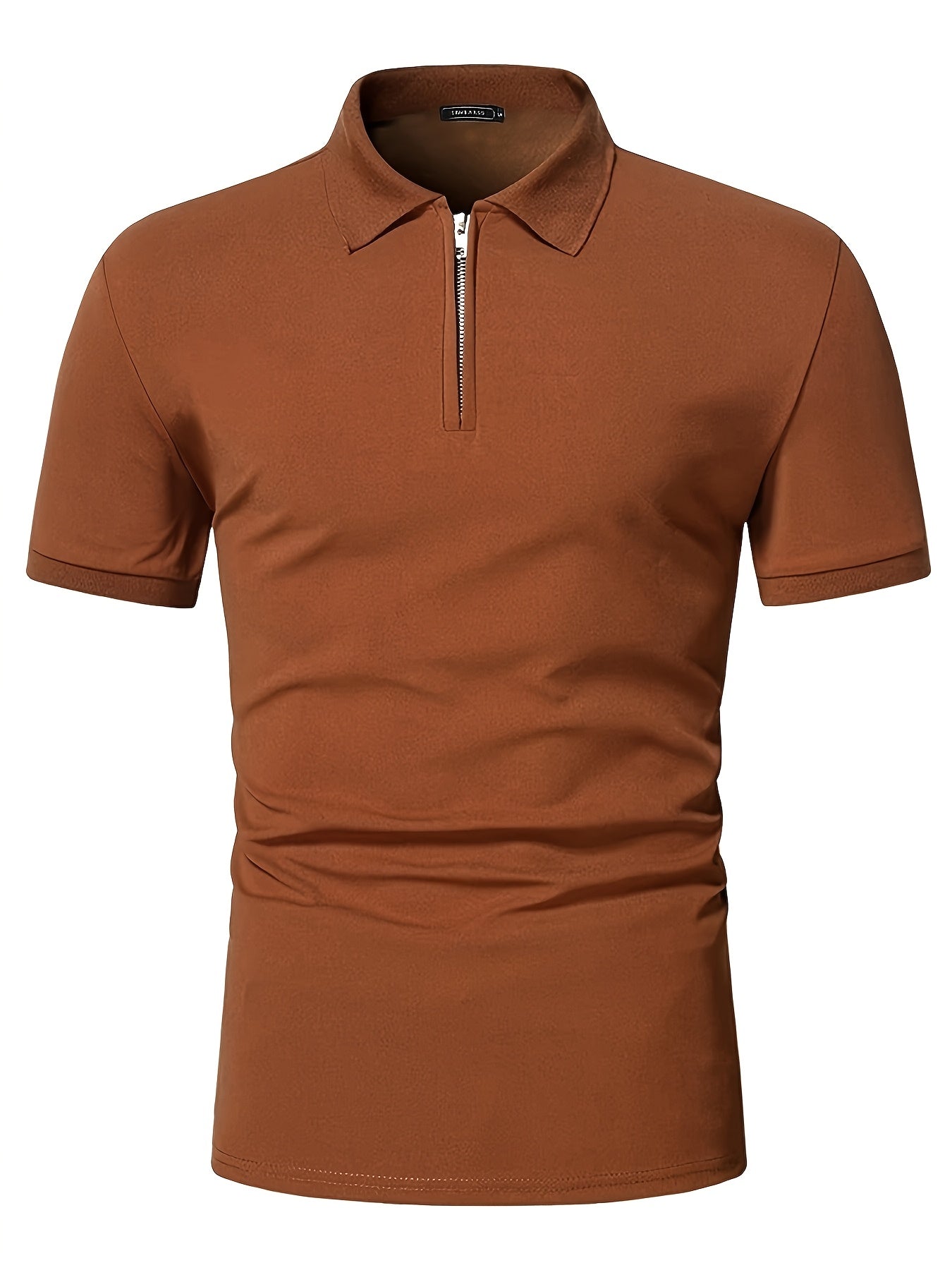 Casual Stretch Men's Solid Color Zipper Lapel Golf Shirt, Male Summer Streetwear