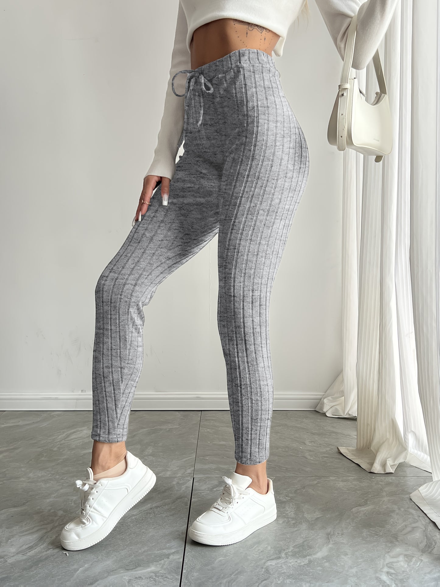 High-Waisted Drawstring Skinny Knitted Pants For Everyday Wear - Solid Color Women's Casual Clothing