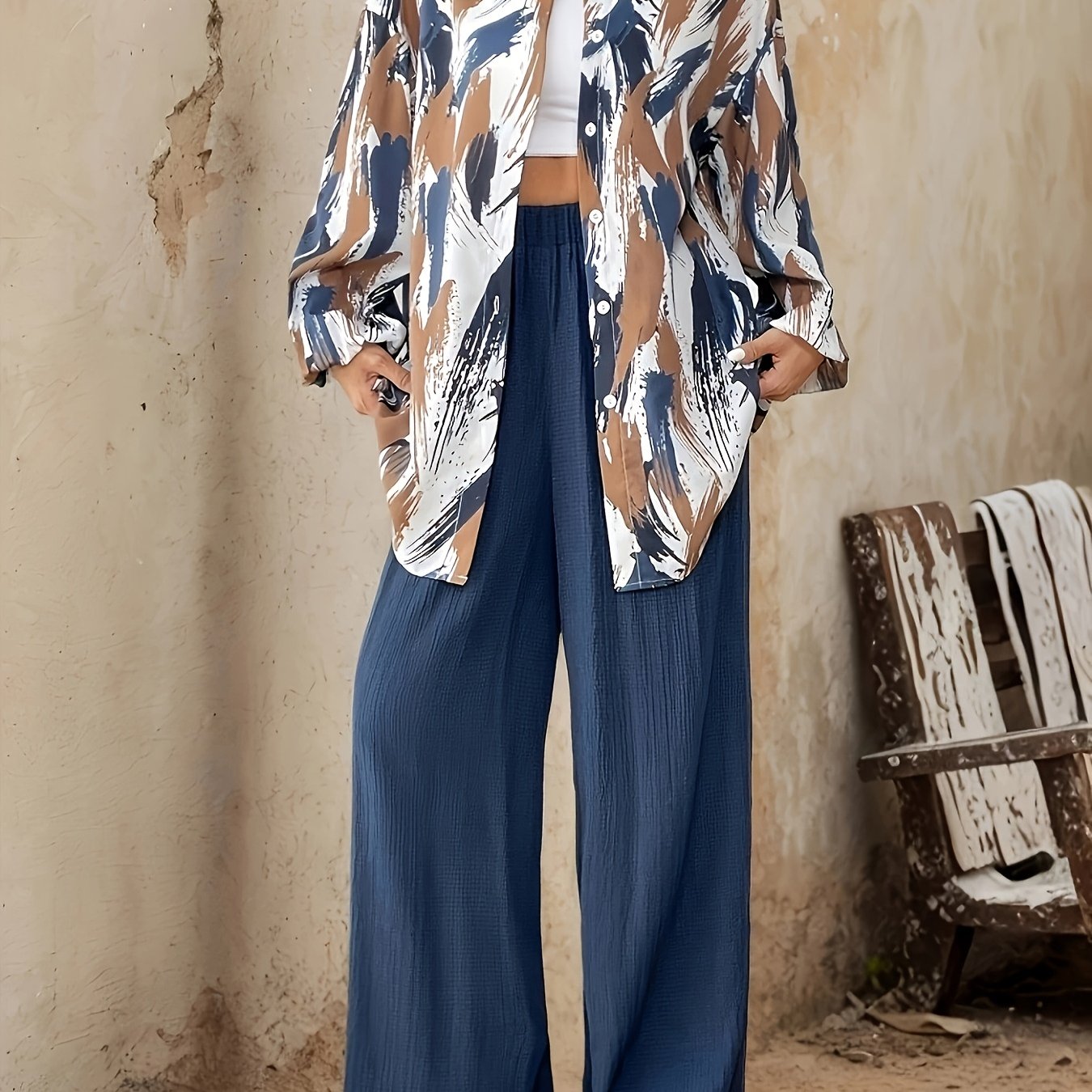 Women'S Elegant Floral Print Blouse and Wide-Leg Pants Set - Lightweight Polyester, Button-Up Shirt with Pockets, Perfect for Spring/Summer, Casual Attire|Floral Print Top|Polyester Fabric