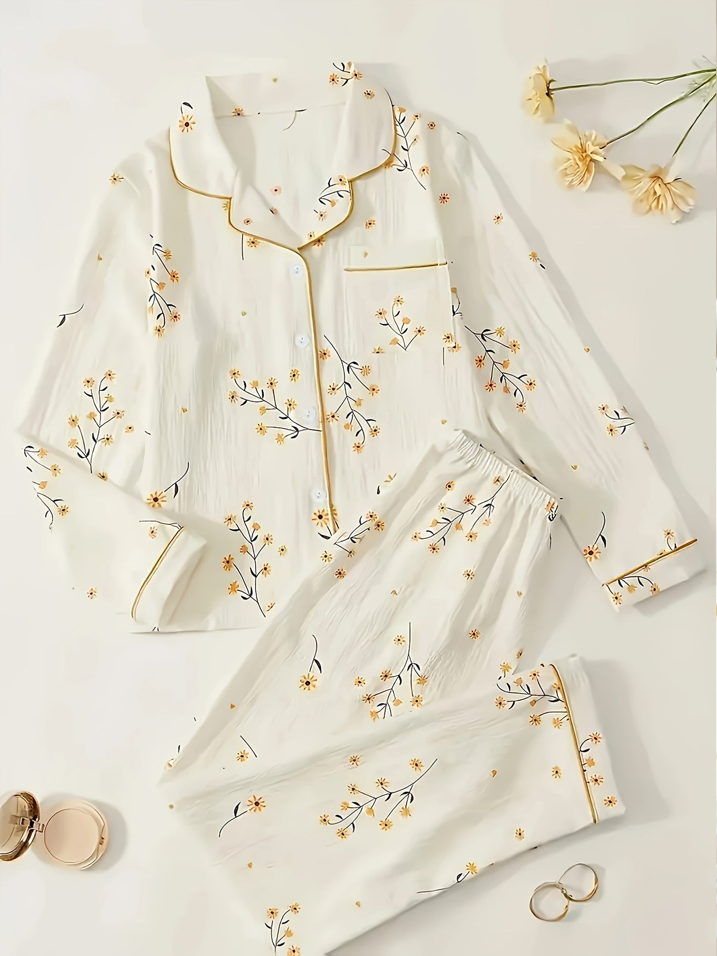 Sweet Floral Print Textured Pajama Set For Fall & Winter, Long Sleeve Button Up Lapel Collar Top & Elastic Pants, Women's Sleepwear & Loungewear