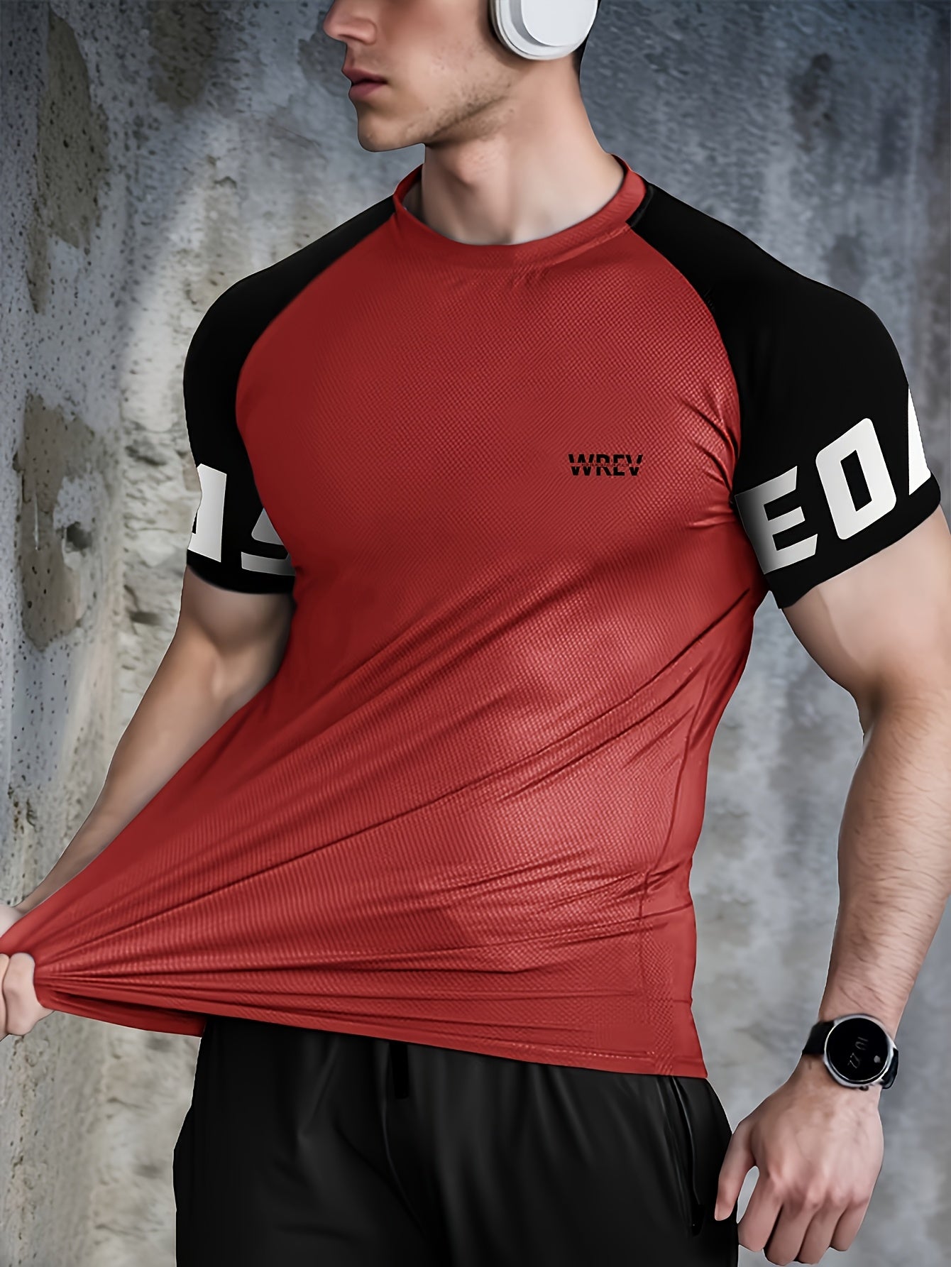 Men's Quick-Dry Breathable Mesh Sports T-Shirt - Summer Gym Workout Top with Contrast Black & White Sleeves & for Man Letter Print, Slim Fit for Running Training Casual Wear, Breathable Running Gear | Sporty Casual Tee | Mesh