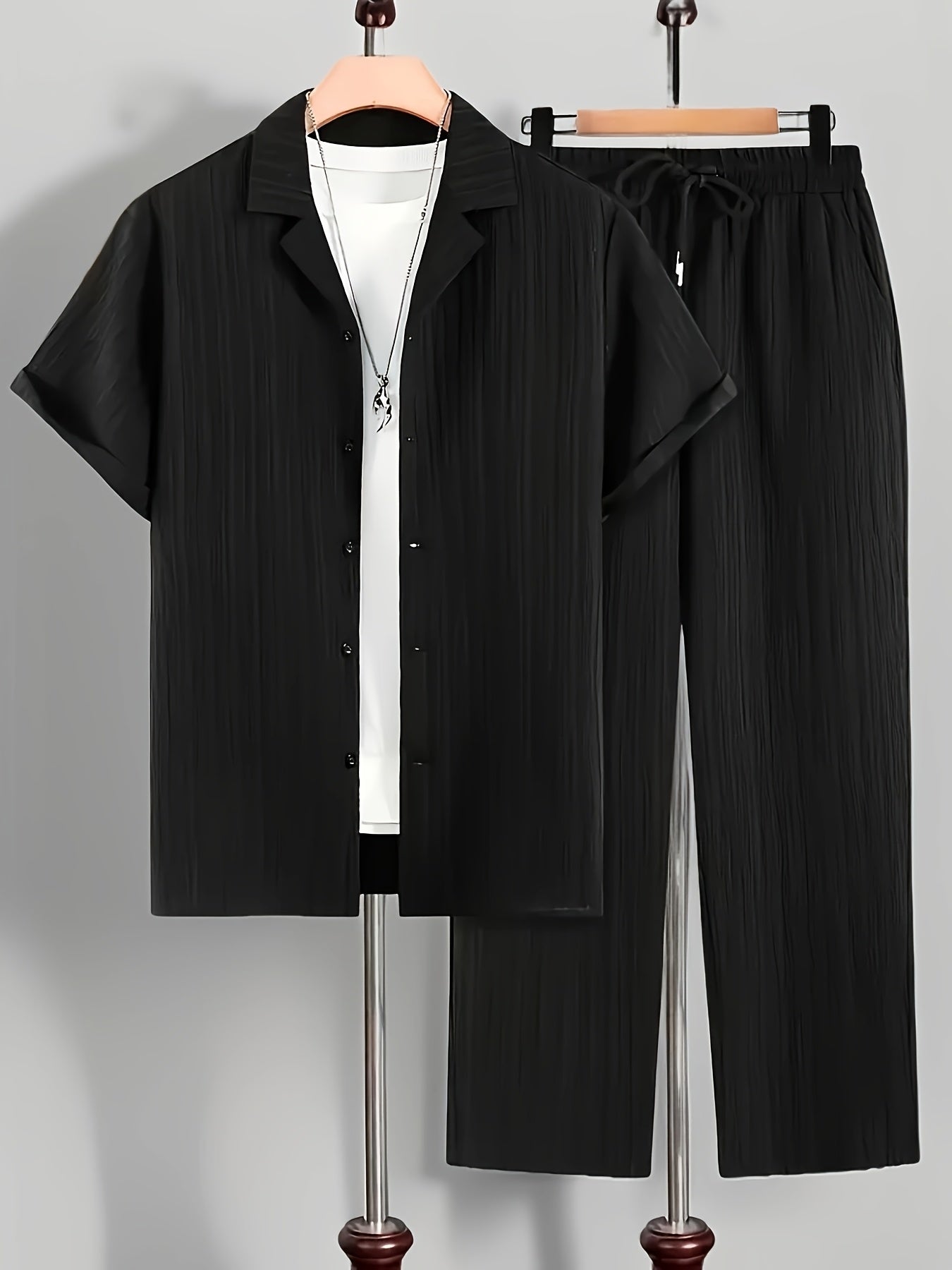 2pcs Men'S Casual Summer Set - Short Sleeve Button-Up Cuban Collar Shirt and Drawstring Waist Pants, Polyester Blend, Solid Color, Regular Fit, Breathable Fabric, Lightweight for Daily Wear