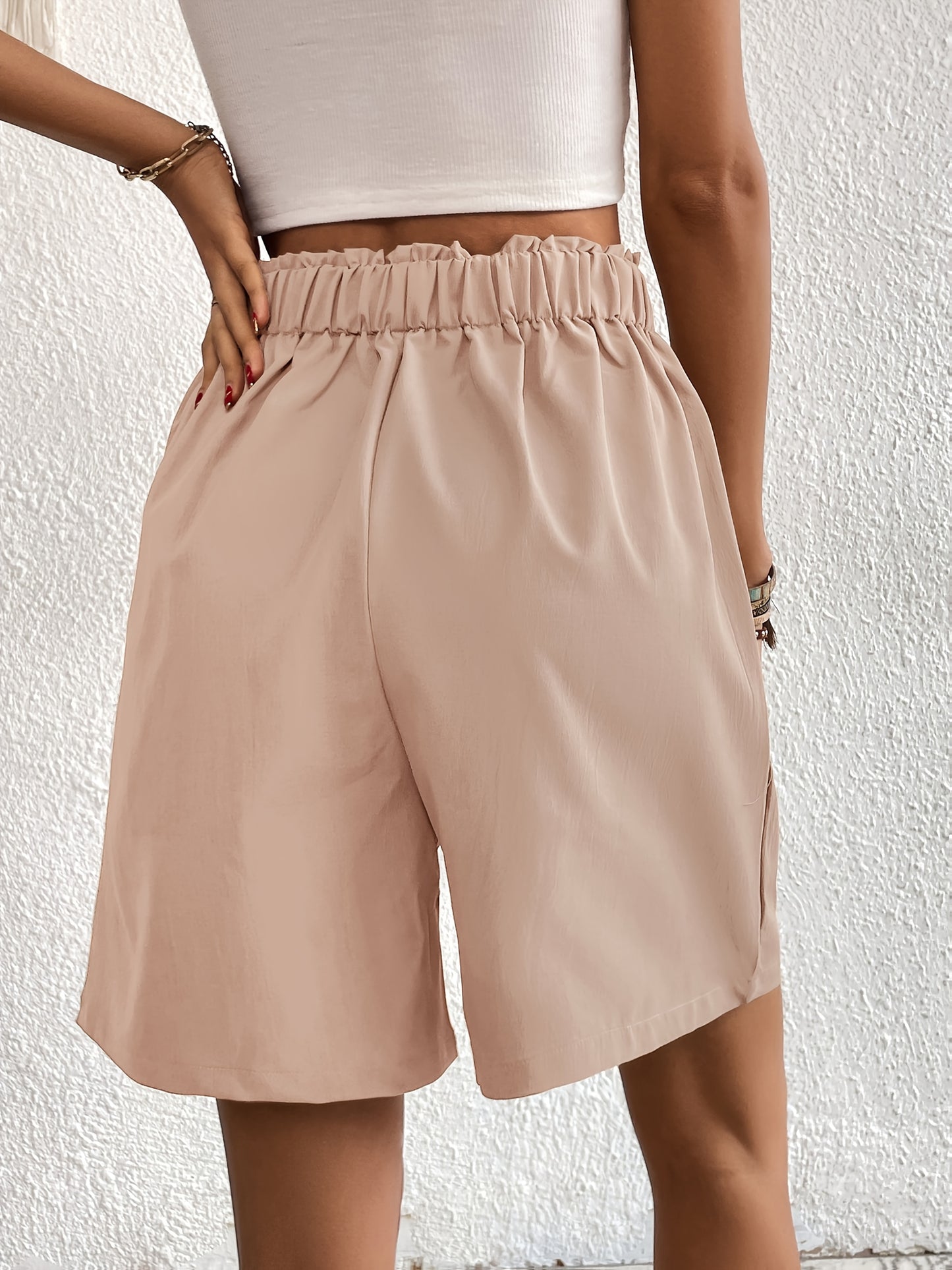 Women's Casual High-Waisted Wide-Leg Shorts with Elastic Waistband & Slant Pockets - Beige, Loose Fit, Solid Color, Perfect for Casual Attire, High Waisted Shorts