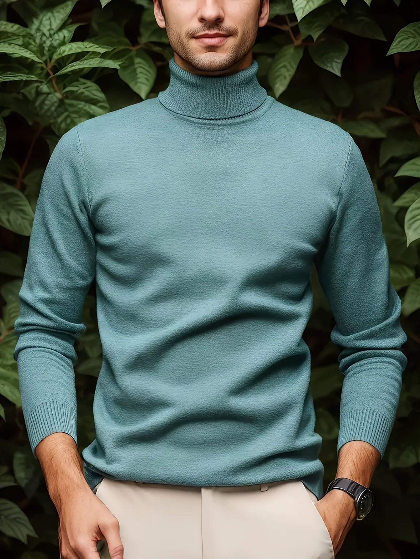 Men's Sleek Light Blue Turtleneck Sweater - Casual Knit Pullover with Ribbed Cuffs, Long Sleeves for Fall/Winter, Soft Viscose Blend