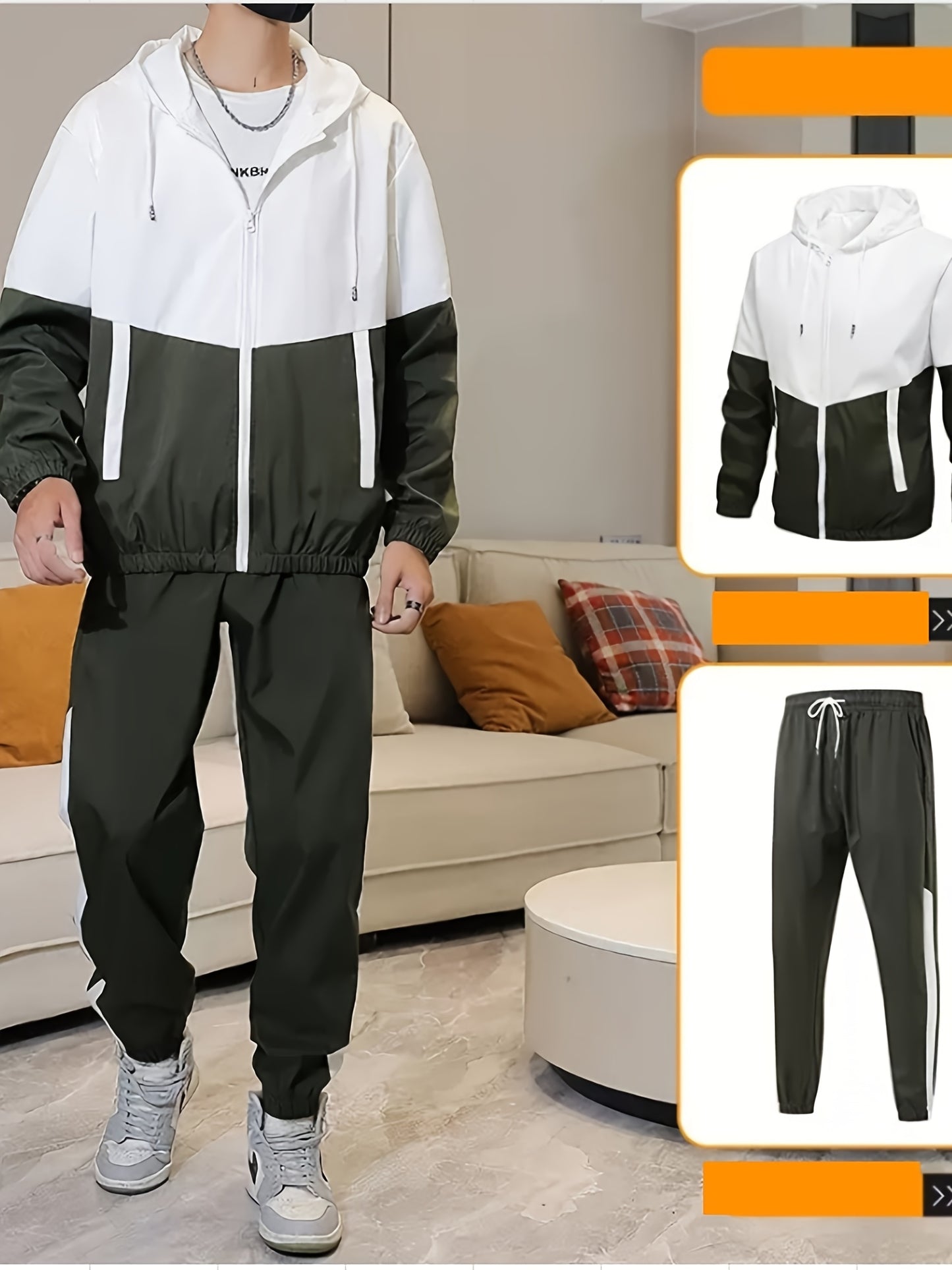 Men's Spring Autumn Outdoor Sports Training Casual Color Block Stitched Hoodie Adjustable Set Home Top and Pants Fashionable Windproof Jacket Pants Two-Piece Suit
