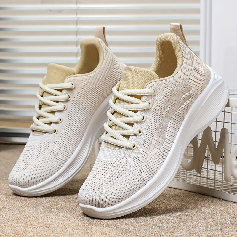 Breathable Mesh Casual Sneakers for Women - Lightweight Low-Top Lace-Up Shoes with Flexible PVC Sole, Neutral Beige, Perfect for Everyday Spring Wear, Breathable Athletics | Mesh Sneakers | Comfortable Fit