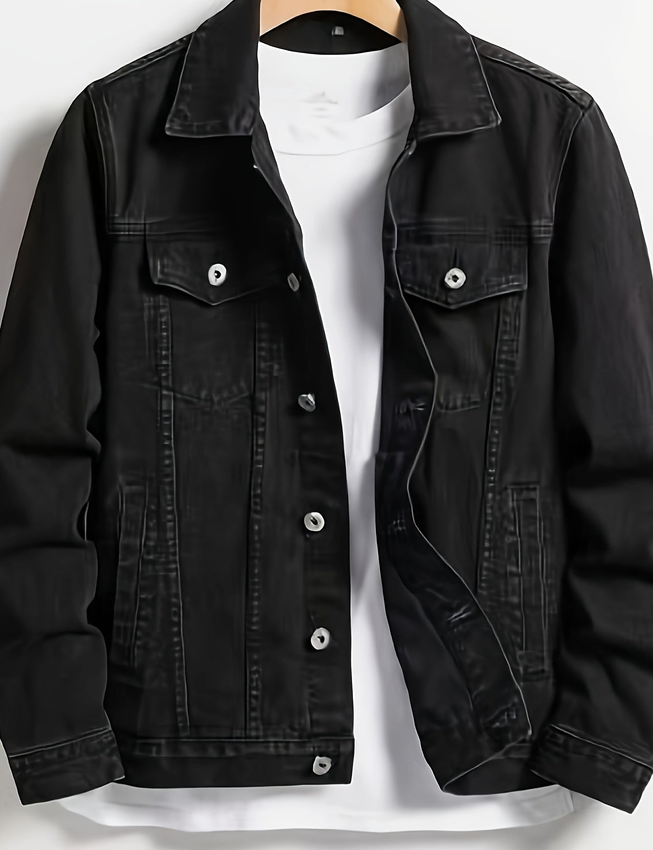Men's Classic Cotton Denim Biker Jacket - Solid Color, Long Sleeve, Button-Up with Pockets for Spring & Fall