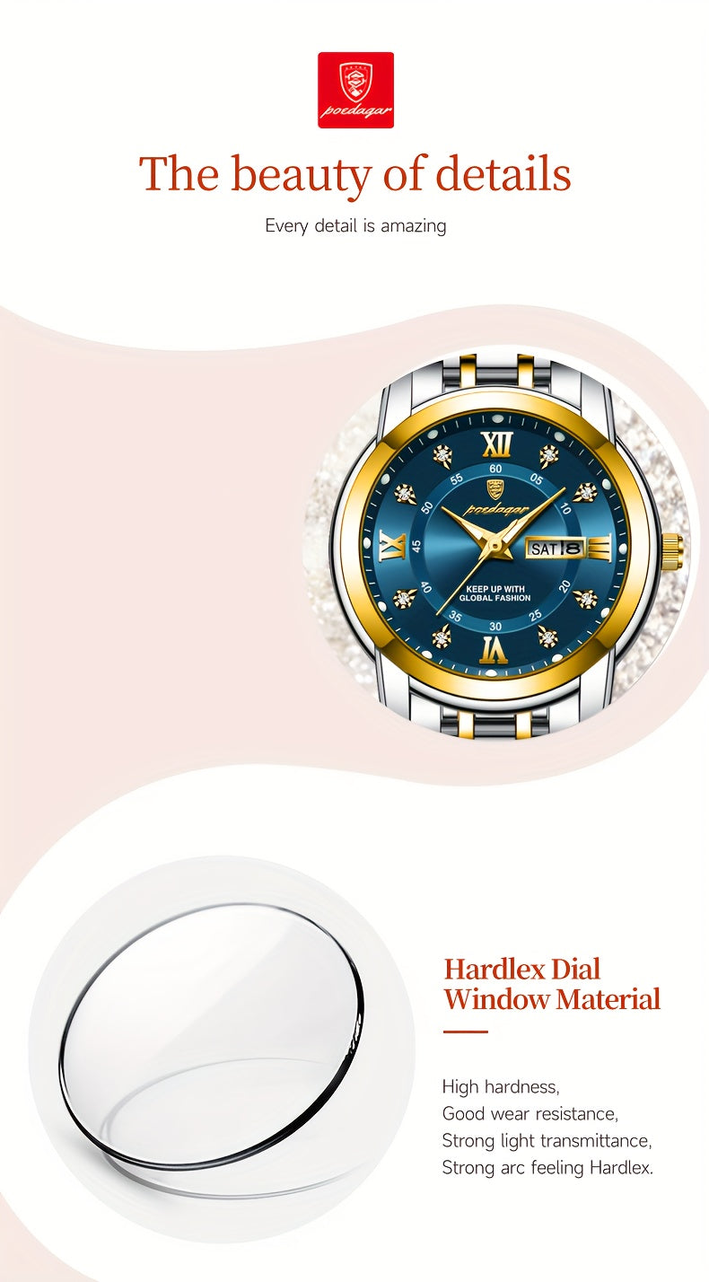 POEDAGAR Elegant Stainless Steel Quartz Watch for Women, Luminous Calendar, Round Alloy Case, Trendy Korean Style, Non-Rechargeable Battery, Watch Accessories
