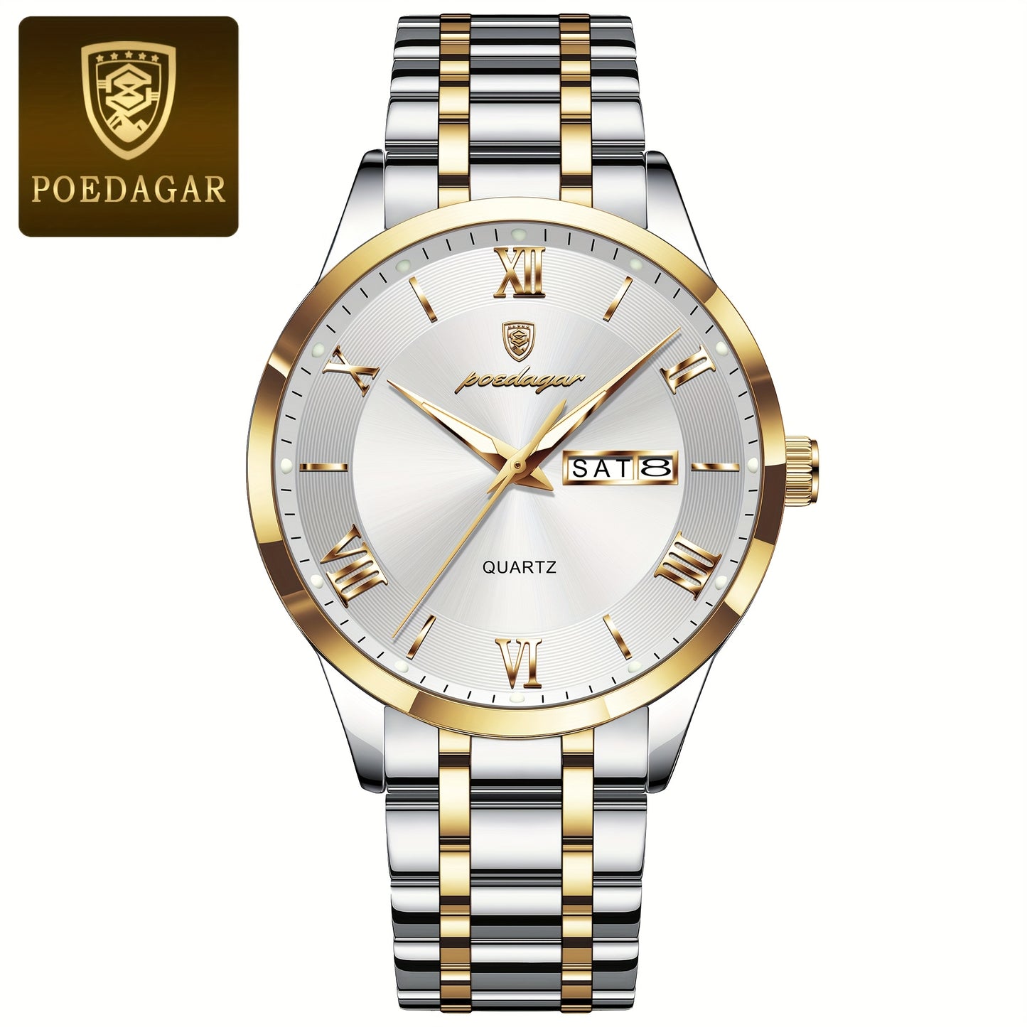 POEDAGAR Men'S Quartz Watch, Sports Style, Waterproof 3ATM, Luminous Calendar, Stainless Steel Strap, Pointer Display, Alloy Case, Electronic Drive, Non-Rechargeable Button Battery, with Spring Festival and Football Holiday T