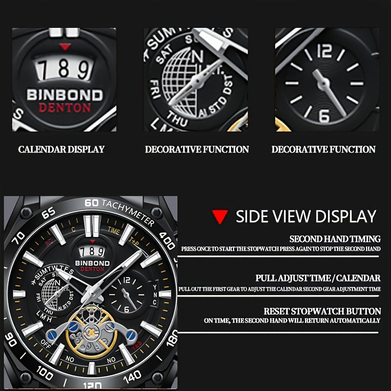 BINBOND Men's Luxury Quartz Watch - Sleek Black, Waterproof with Calendar & Luminous Hands, Stainless Steel Band, Date Display, Chronograph & World Time Features for Business Casual