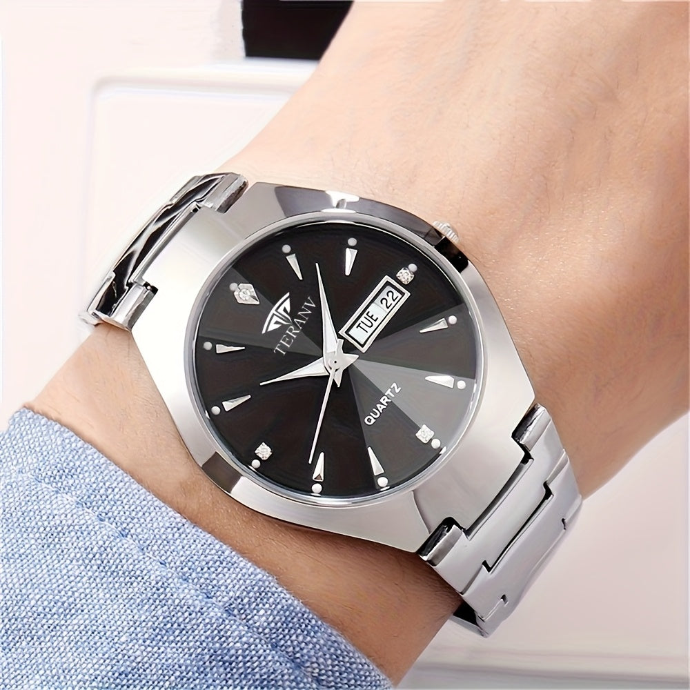 2pcs Couple Watches for Men & Women - Stainless Steel Strap, Rhinestone Accents, Luminous HD Display with Week Calendar, Quartz Movement, Elegant Gift for Valentine's Day, Mother's Day, Father's Day, Special Occasion Watch |