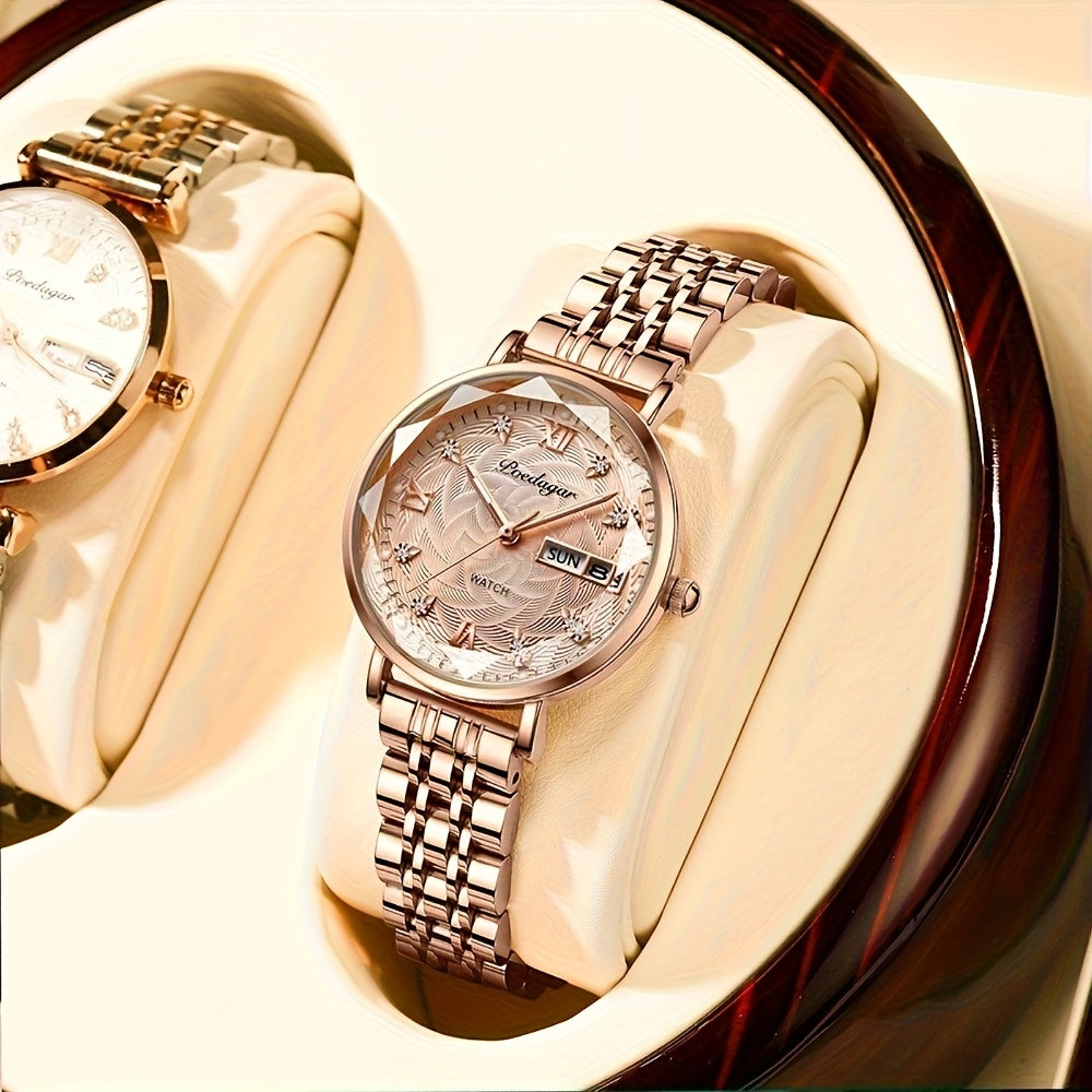 1pc POEDAGAR Elegant Women'S Quartz Watch - Luxurious Rose Golden-Tone with Luminous Hands, Calendar Display, Alloy Case & Band, Quartz Movement, Fashion Accessory|Elegant Timepiece|Rose Golden Finish, Watch Accessories