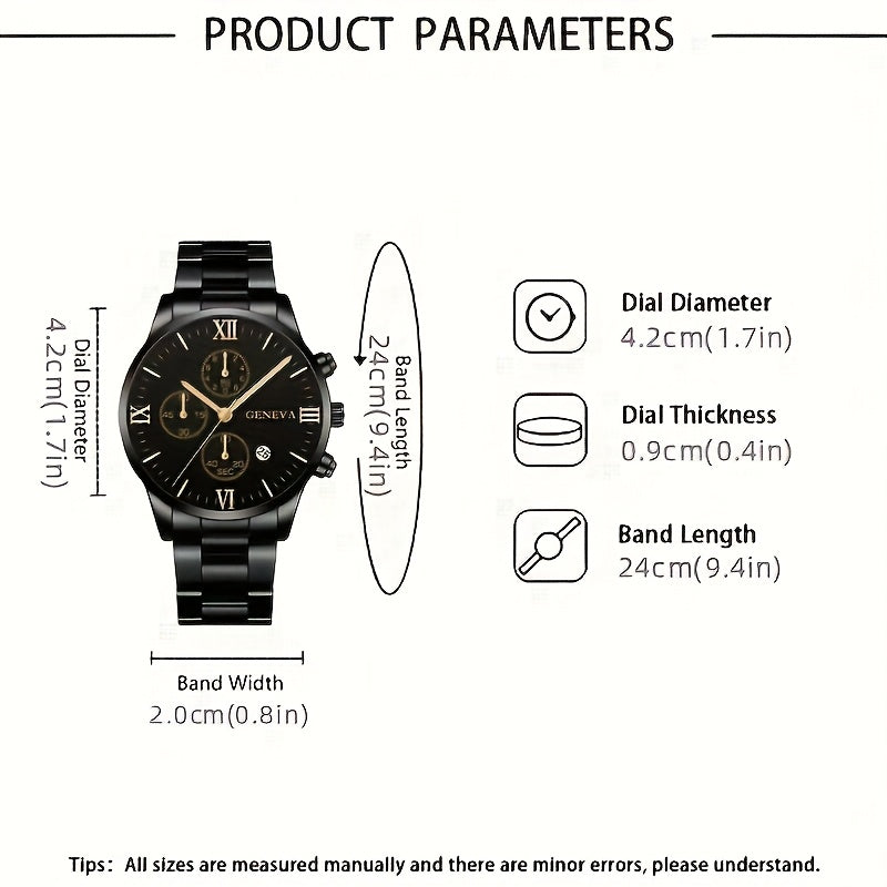 1pc Men's Stylish Black Quartz Watch with Stainless Steel Band - Elegant Roman Numerals, Date Display, and Golden Accents - Perfect Gift for Christmas, Thanksgiving, Valentine's Day - Ideal for Him or Family, Date Feature Wat