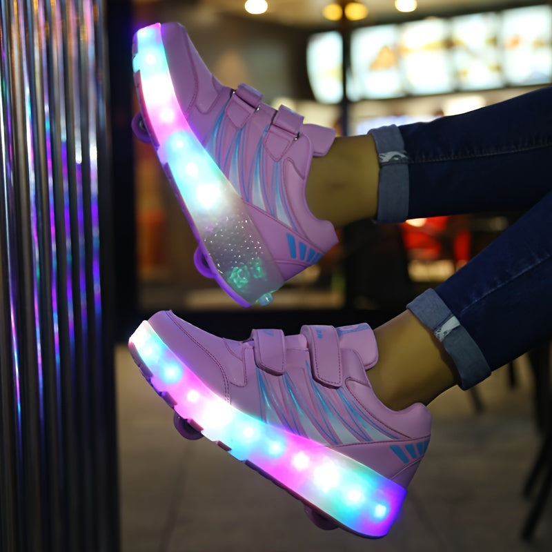 New Trendy Breathable Two-Wheeled Roller Shoes with LED Lights for Boys And Girls, Suitable for Outdoor Sports And Skating.