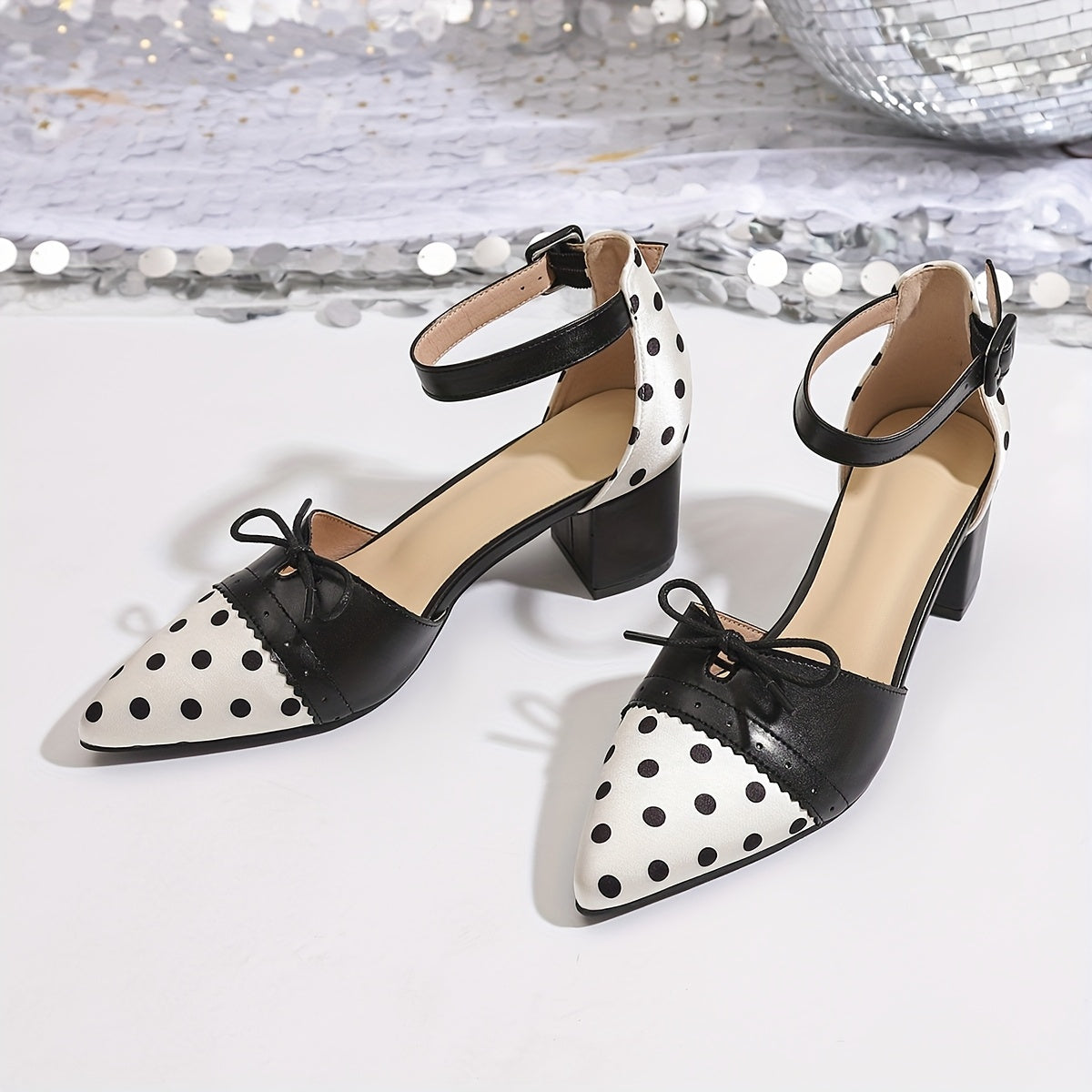 Women'S Sexy Polka Dot Mary Jane Pumps with Bow Detail - Pointed Toe, Block Heel, Ankle Strap, Summer Fashion Show Shoes, Hollow Design, Synthetic Cover & Rubber Sole, Summer Fashion Shoes | Polka Dot Pattern | Rubber Sole Fo