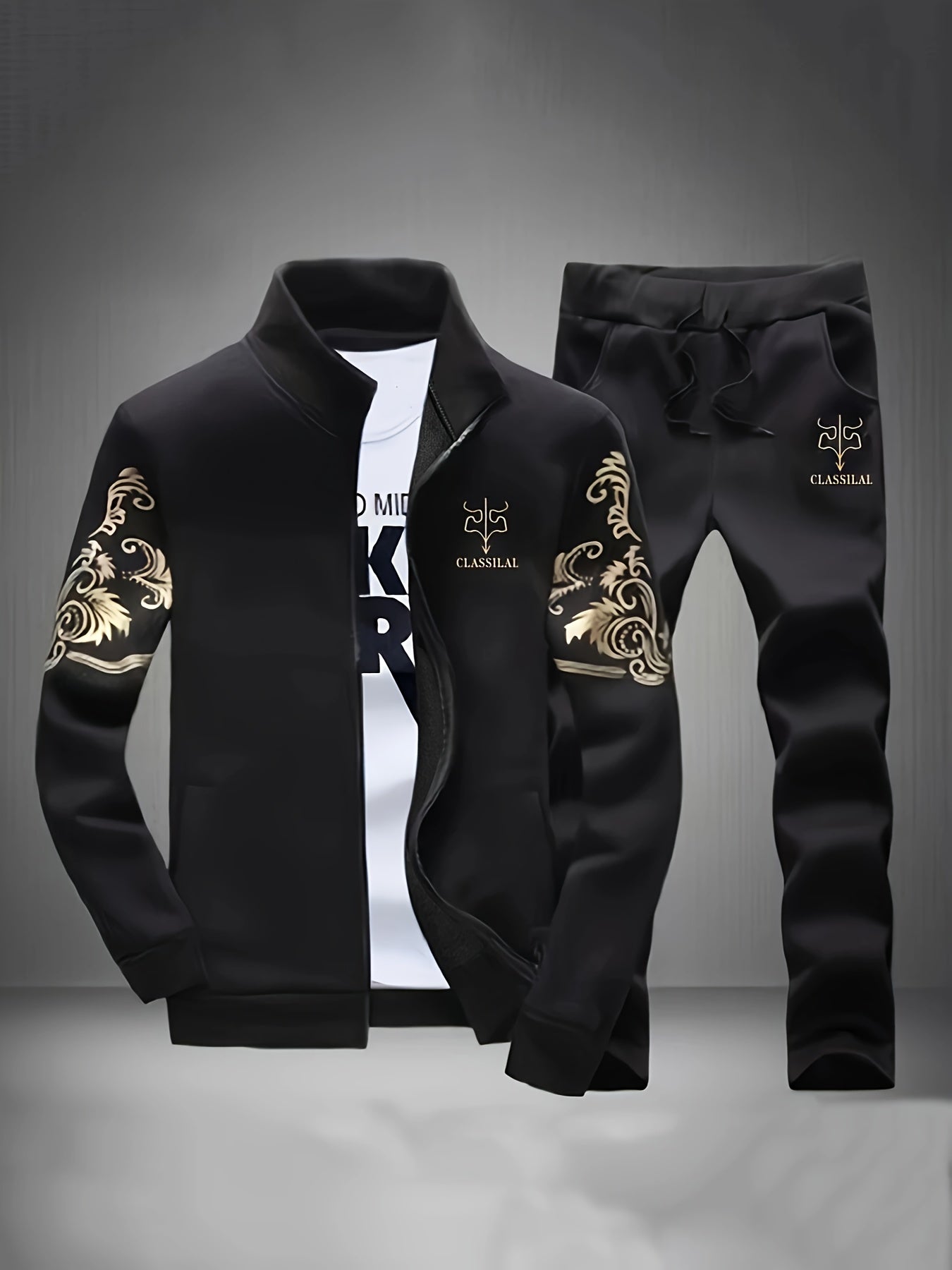 Men'S Navy Blue "Shan Yes" Print Casual Sports Suit - Zip-Up Hoodie & Joggers with Pockets, Regular Fit for Spring & Fall, Comfortable Leisure Wear, Leisure Wear Hoodie | Sporty Hoodie | Zipper Closure, Essential Hoodie