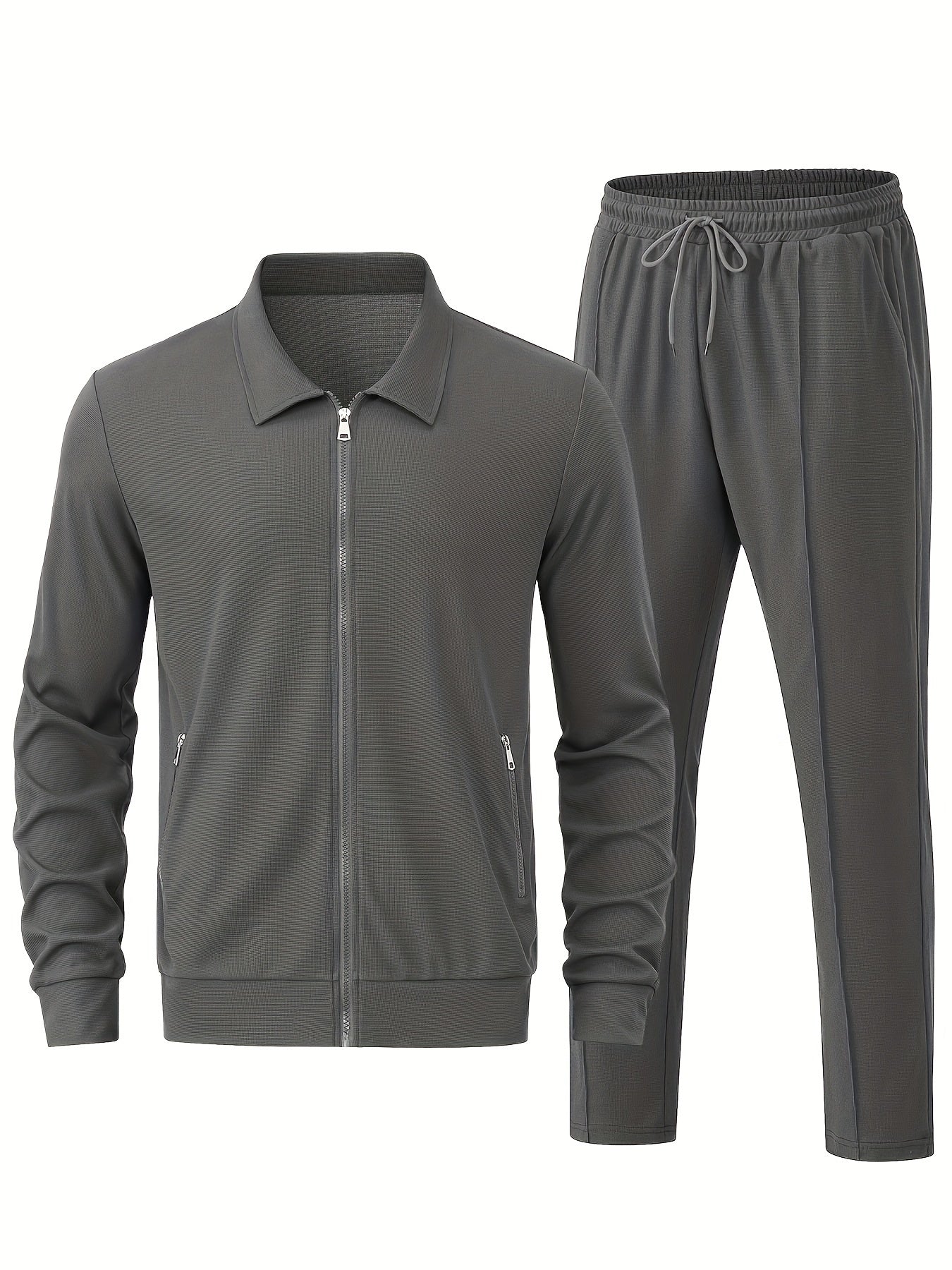 Men's Solid Waffle 2pcs Athletic Outfits, Zip-up Jacket & Pants co ord set for Outdoor Sports