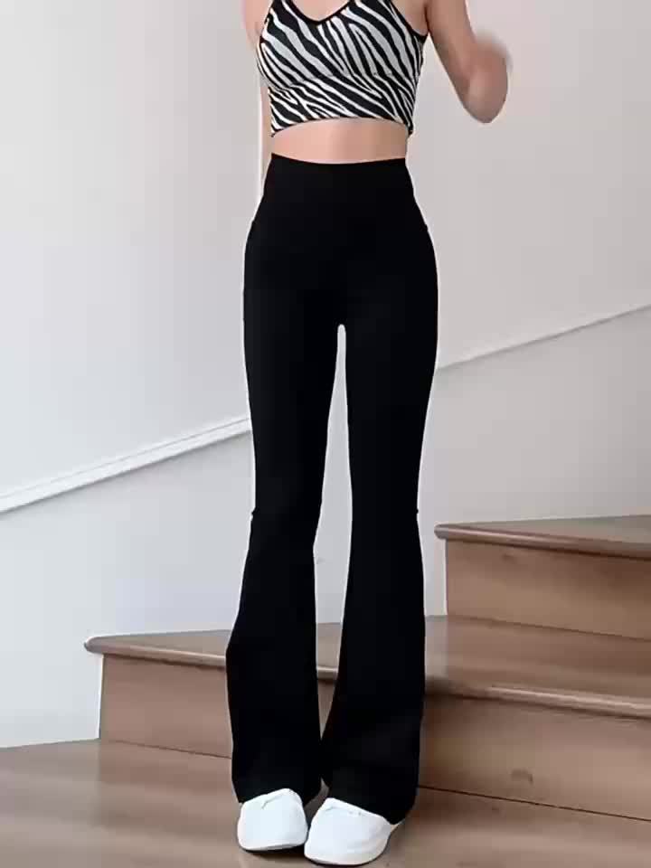 High-Waisted Flared Leggings for Women - Stretchy Black Polyester Pants with Tummy Control, Slimming Fit, and Breathable Design for Spring/Summer/Fall Casual Wear, Spring Summer Leggings | Fitted Leggings | Elastic Waistband