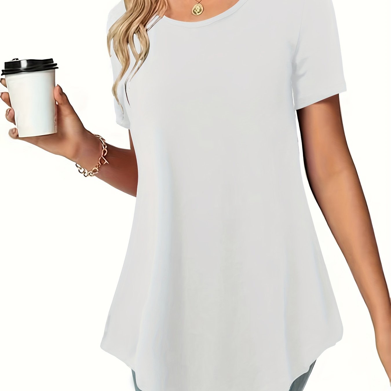 Asymmetrical Hem Crew Neck T-shirt, Short Sleeve Casual Top For Summer & Spring, Women's Clothing