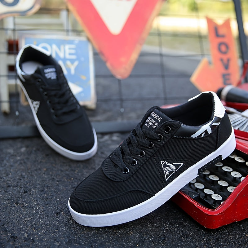 Men's Classic Lace-Up Sneakers - Breathable Canvas Walking Shoes with Non-Slip Rubber Sole, Comfortable for All Seasons, Casual & Sporty, Black with White Accents