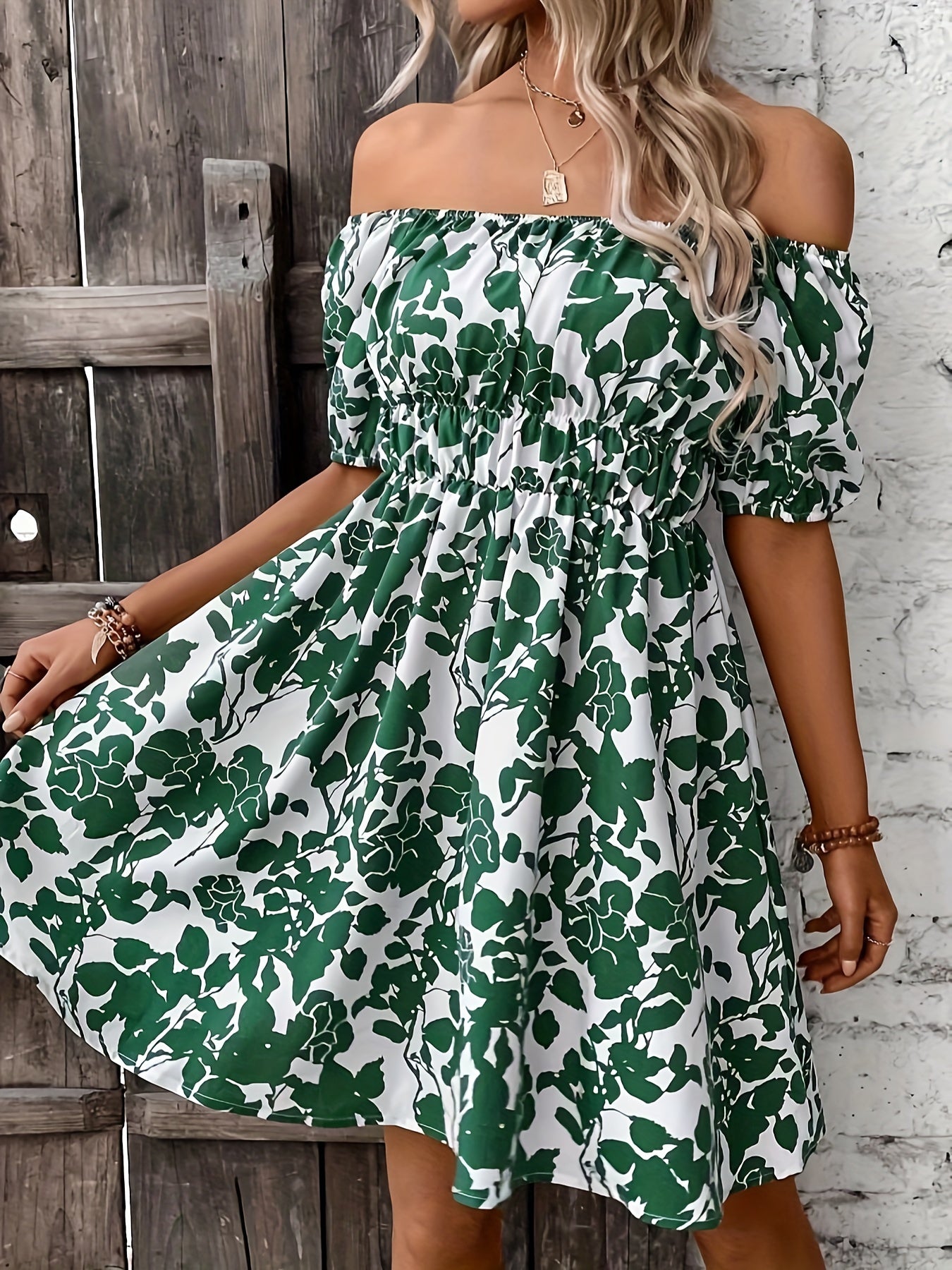 Leaves Print Off Shoulder Aline Dress, Vacation Style Short Sleeve Swing Dress For Spring & Summer, Women's Clothing